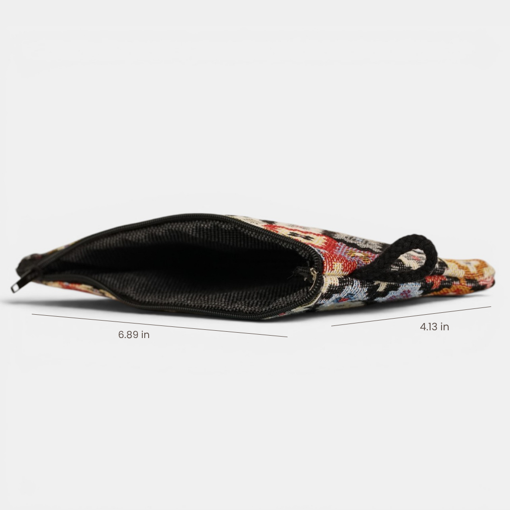 Here’s a rewritten version using your product data: The Geometric Jacquard Small Makeup Bag / Coin Purse – Multicolor (Ore) by DE LA MUR LINE US Inc is a compact zippered pouch featuring a vibrant jacquard fabric pattern. Shown from the side, the bag measures 6.89 inches wide by 4.13 inches tall. Its open design reveals a black interior—ideal for storing makeup essentials or loose change.