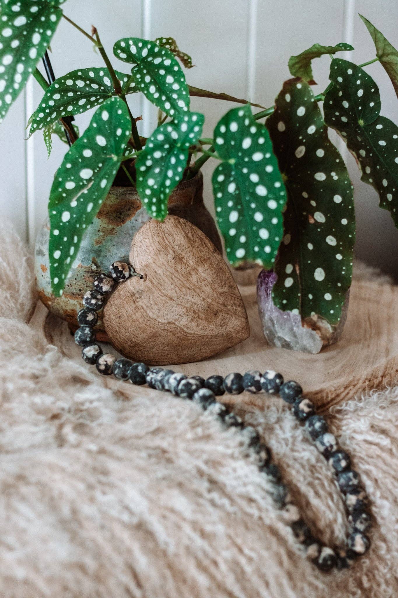 Wood Heart on Rustic Wood Bead Strand