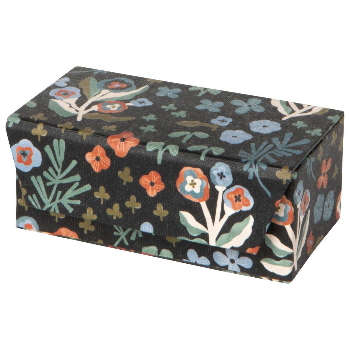 Dogwood Travel Jewelry Case in black with a multicolored floral pattern, crafted from a rectangular, lightweight recycled cotton paper design.