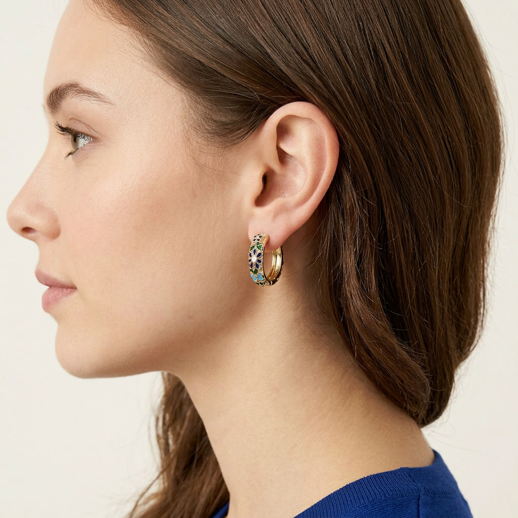 Floral Enamel Huggie Earrings - Blue - GF