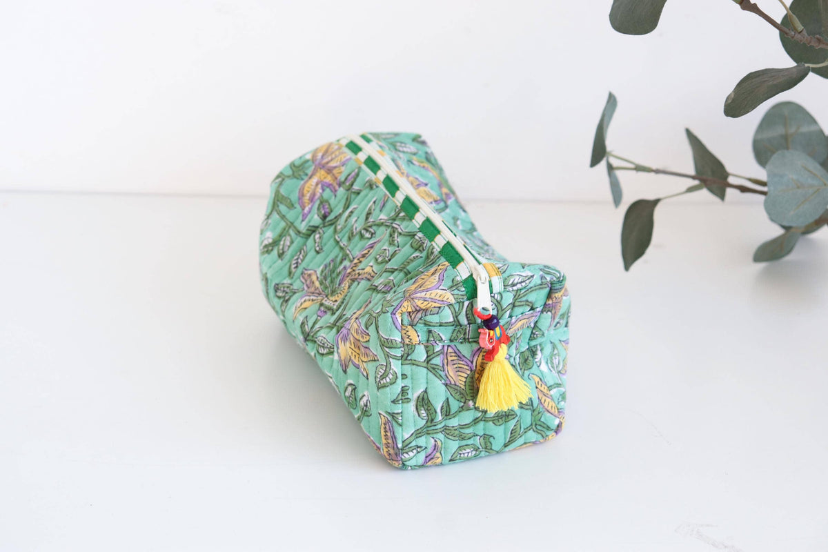 Quilted Block Print Cosmetic Pouch - Green Floral