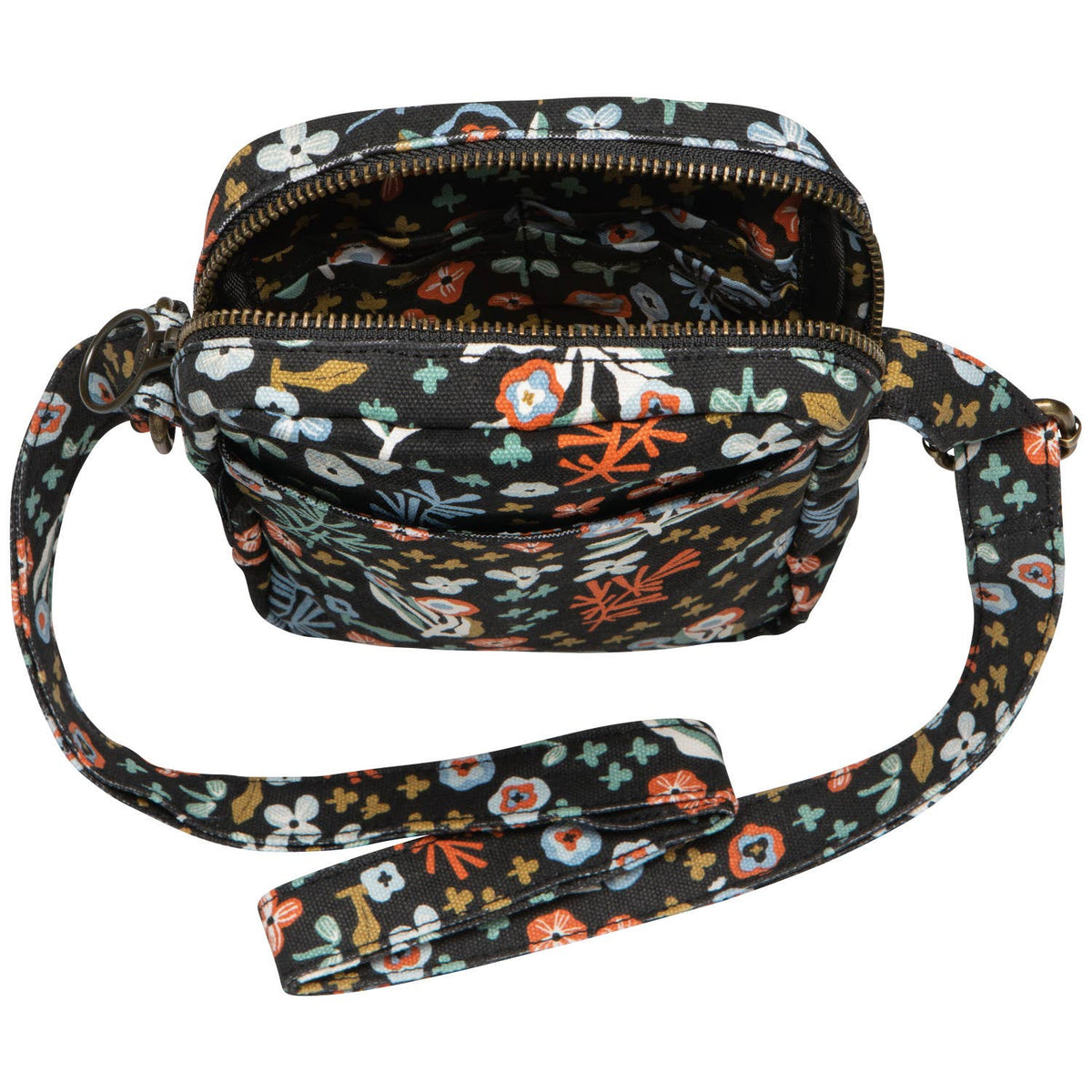 Danica Studio Dogwood Cotton Crossbody Bag in Multi Floral/Black, featuring a lightweight design with a colorful floral pattern, a zippered top, and an adjustable shoulder strap.
