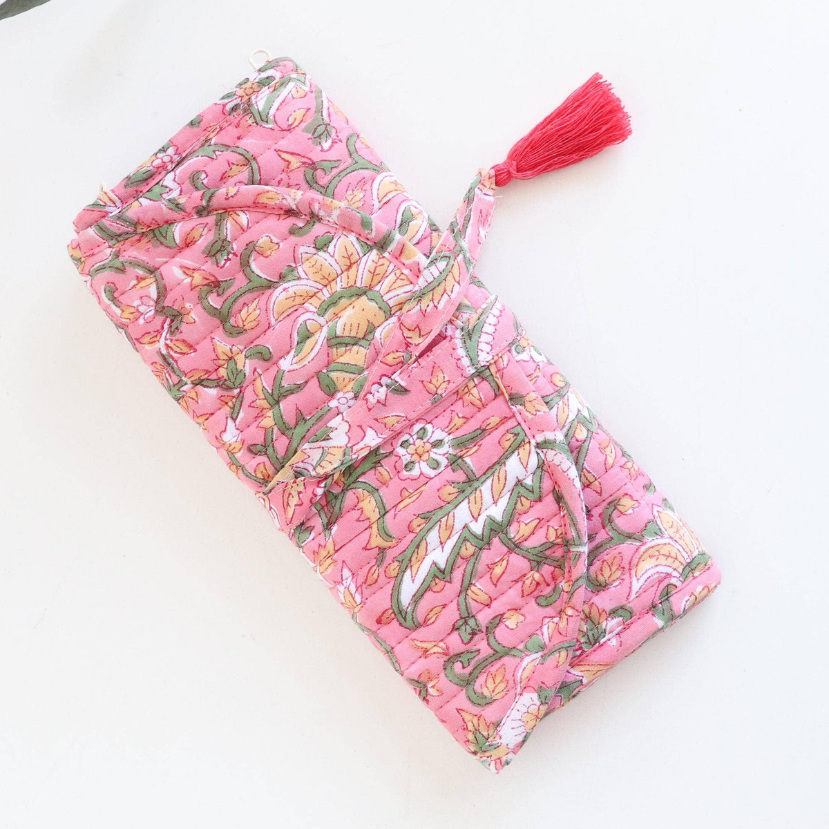 Cotton Jewelry Roll with Zipper Pockets and Brush Case - Pink Floral