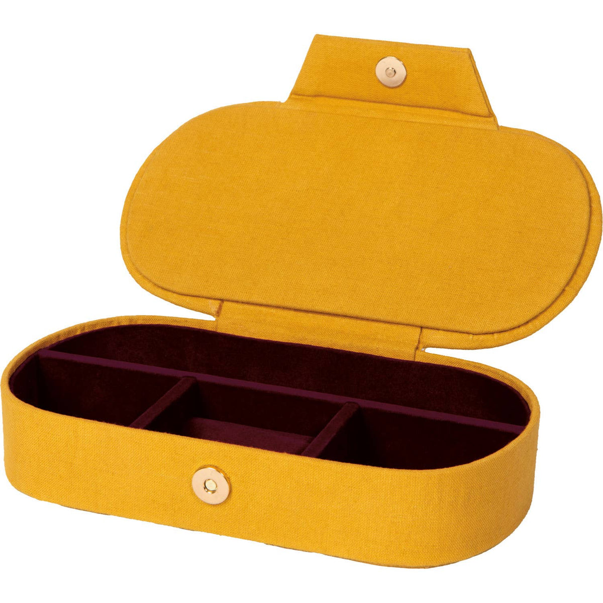 Open yellow Venus Embroidered Jewelry Box with a burgundy interior and a snap closure.