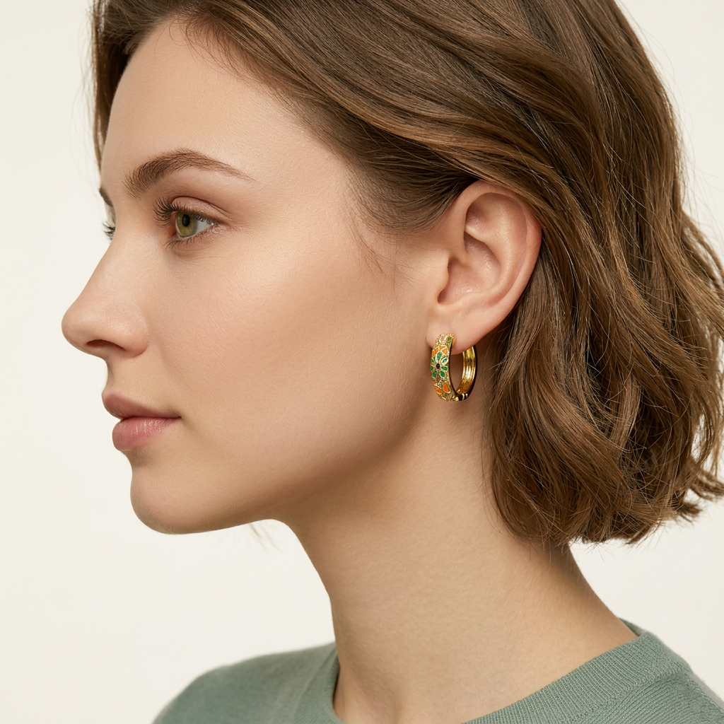Floral Enamel Huggie Hoop Earrings - Orange - GF