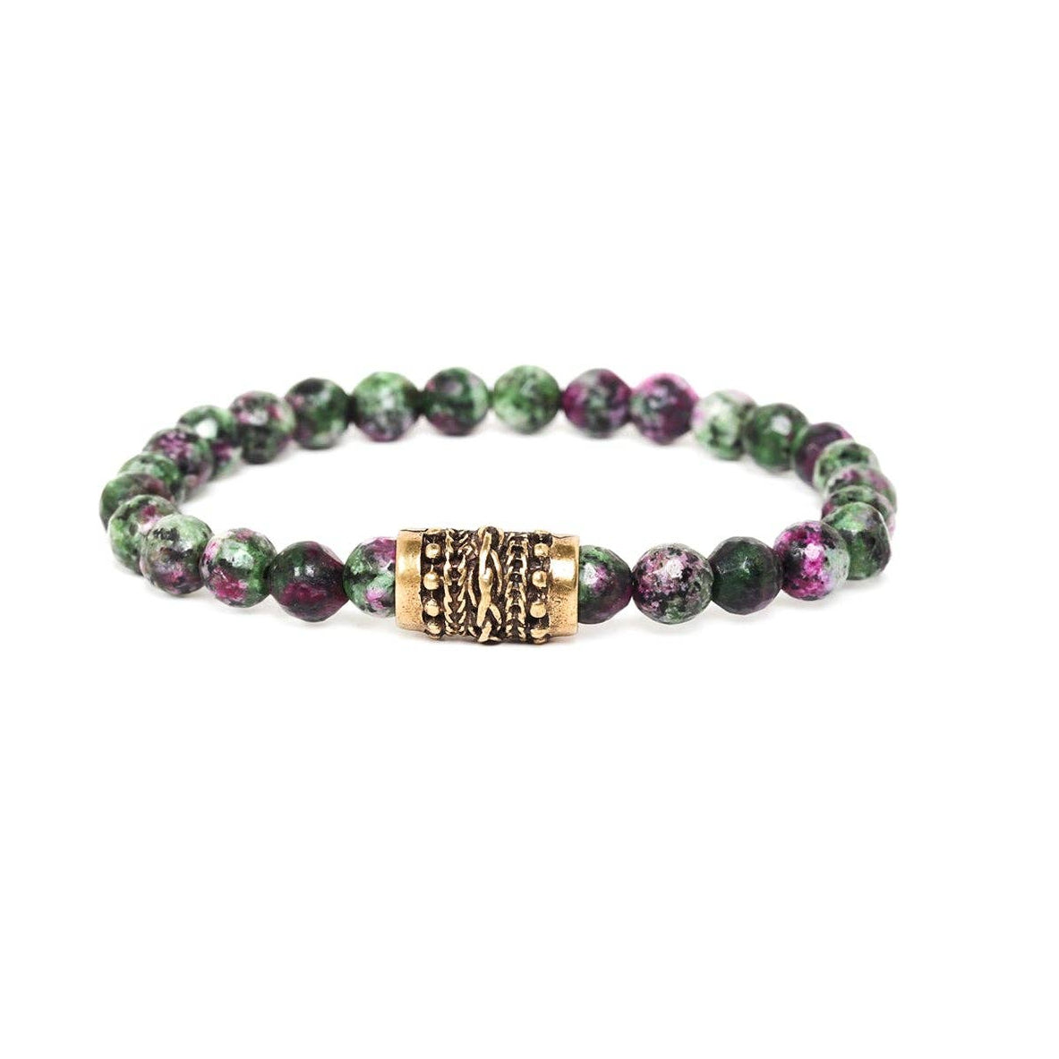 Ruby Zoisite Stretch Bracelet featuring speckled green and magenta stone beads with a textured oxidized brass bead at the center.