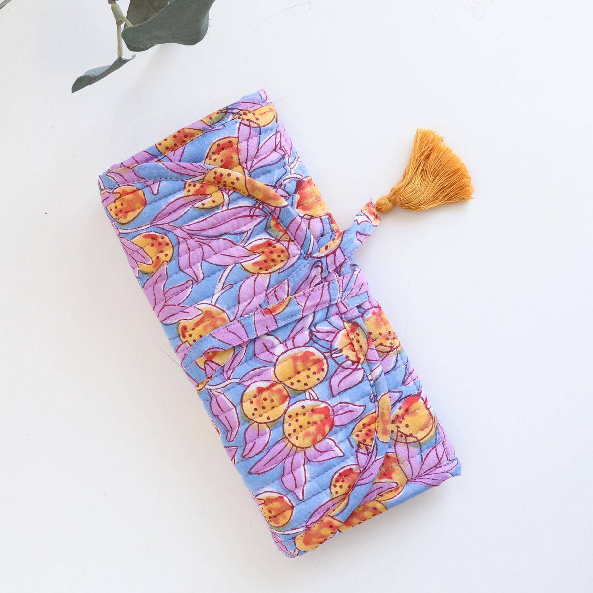 Cotton Jewelry Roll with Zipper Pockets and Brush Case - Blue/Purple Floral