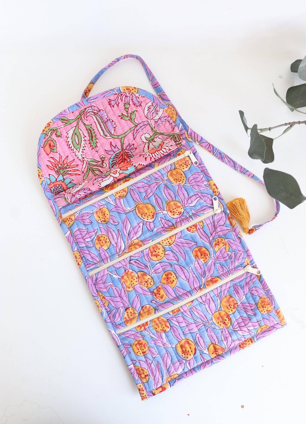 Cotton Jewelry Roll with Zipper Pockets and Brush Case - Blue/Purple Floral
