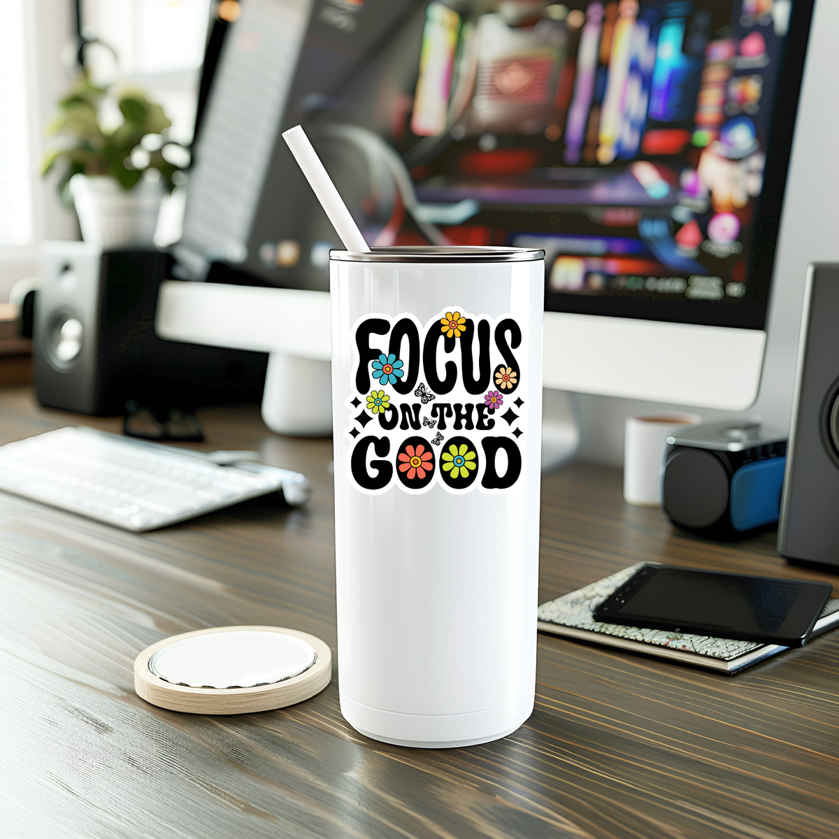 A white tumbler with a straw features the Mystical Monkey Toes Focus On The Good Sticker. It sits on a desk with a computer, keyboard, and office items blurred in the background.