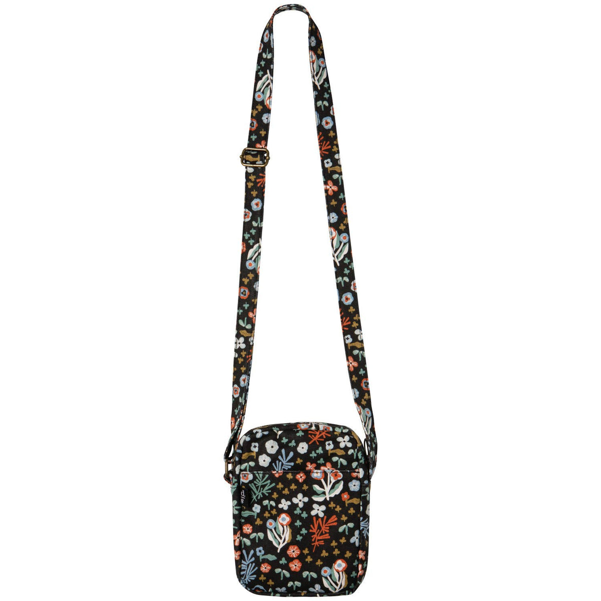 Danica Studio Dogwood Cotton Crossbody Bag in Multi Floral/Black, a small black crossbody bag in lightweight cotton canvas with a multicolor floral pattern and a long, adjustable strap.