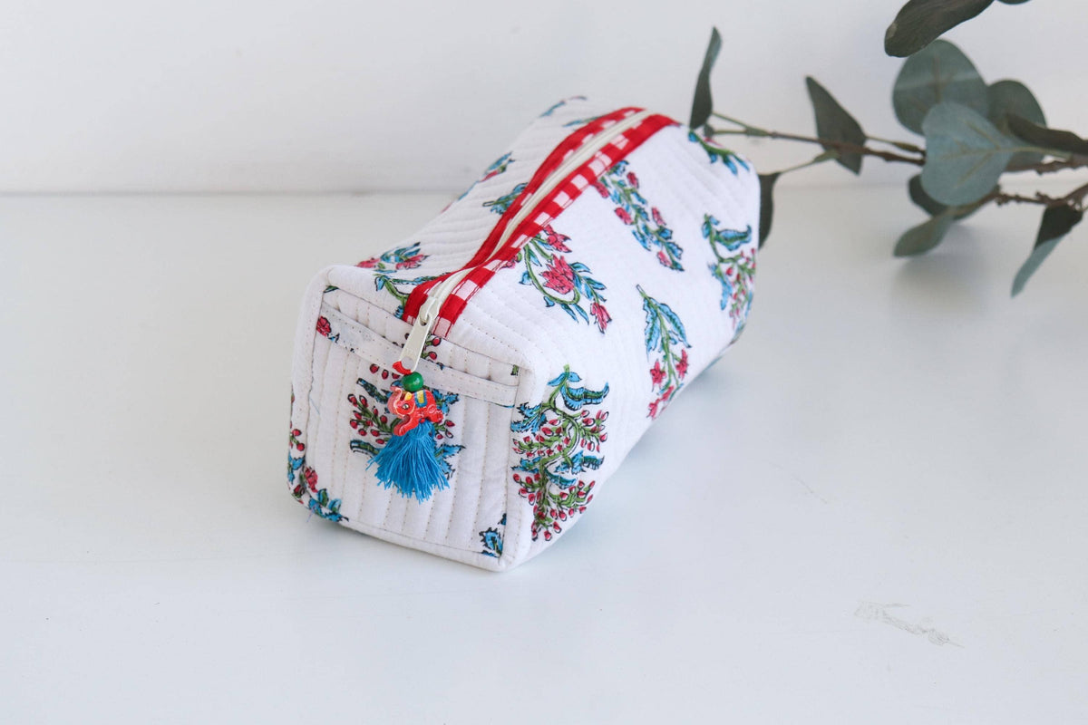 Quilted Block Print Cosmetic Organizer Pouch - White Floral