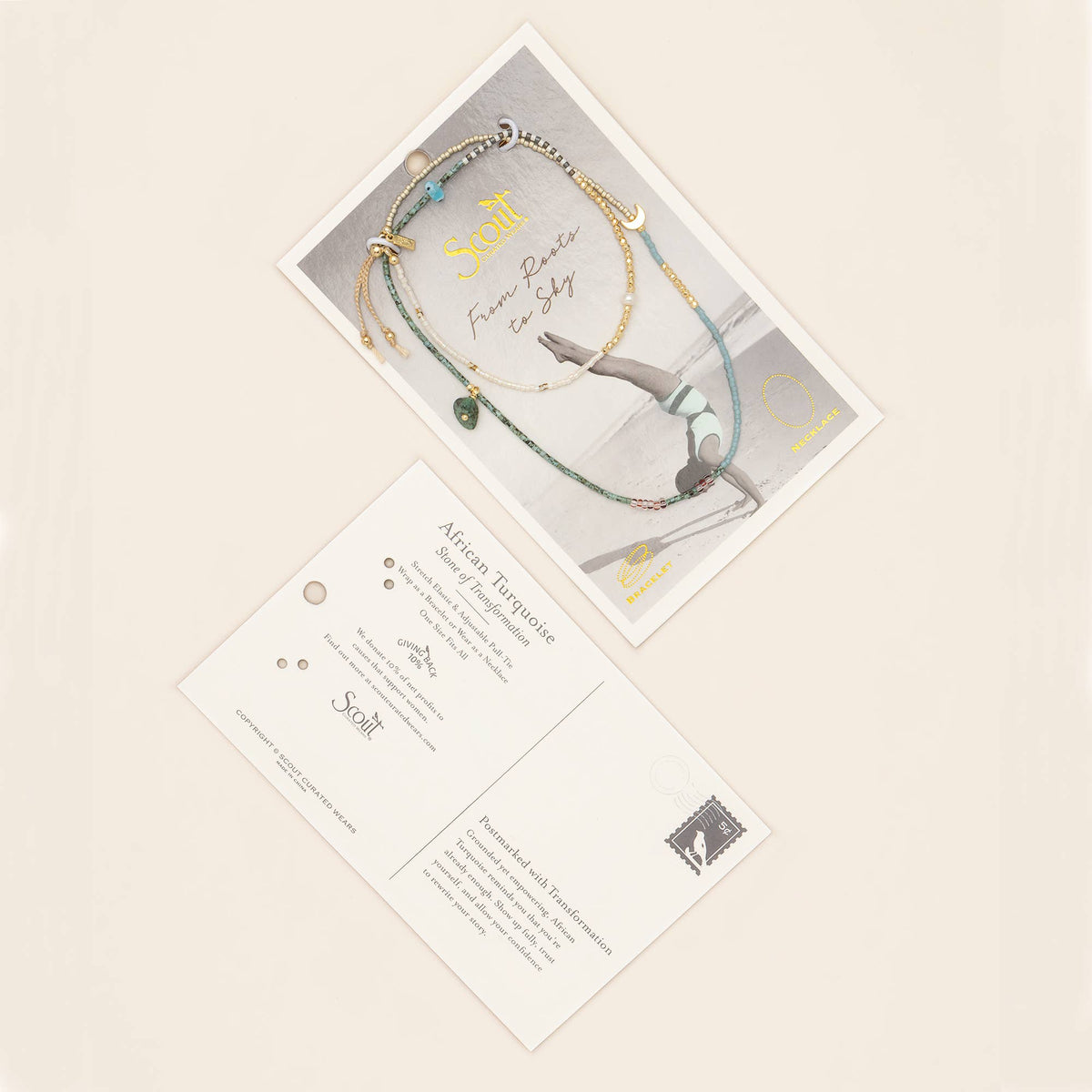 Two postcard-sized cards accompany the Scout Curated Wears Mixed Media Wrap Bracelet/Necklace – Transformation/African Turquoise: one features three vibrant charm bracelets crafted with Miyuki Beads and the phrase “Soul: from River to Sky,” while the other provides information about African Turquoise, its significance, and jewelry care instructions. Both cards are displayed on a light surface.