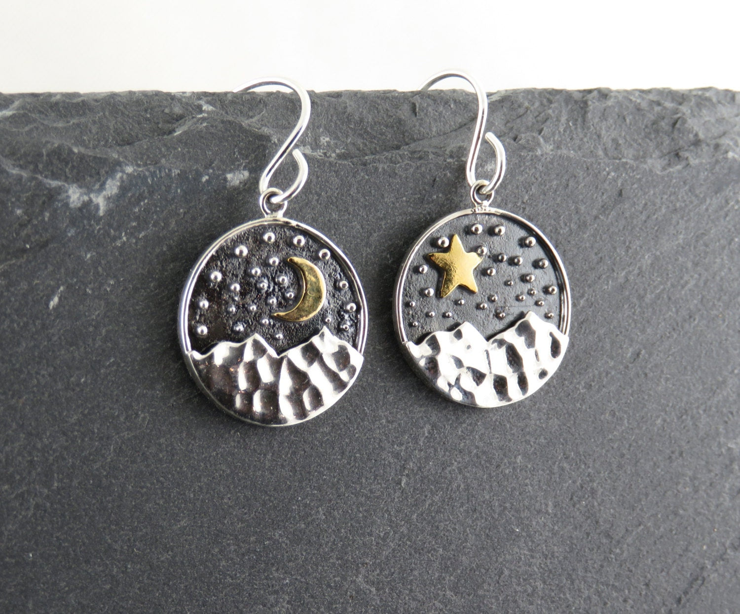 Mismatched Earrings, Mismatched Silver Gold Earrings, Moon and Star Earrings, Night Earrings, Two Tone Nature Earrings, Nature Earrings