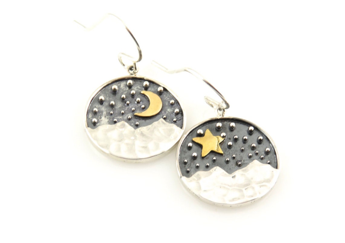 Mismatched Earrings, Mismatched Silver Gold Earrings, Moon and Star Earrings, Night Earrings, Two Tone Nature Earrings, Nature Earrings