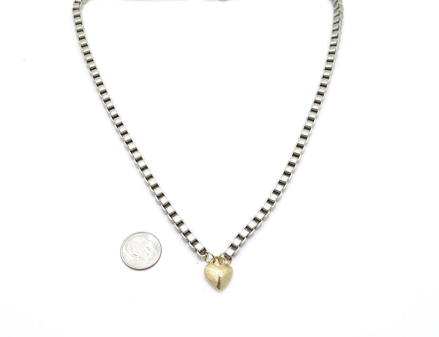 Chunky Heart Necklace | Gold Silver Heart necklace | Rustic Heart Necklace | Chunky Gold Heart | Two Tone Heart Pendant Box Chain