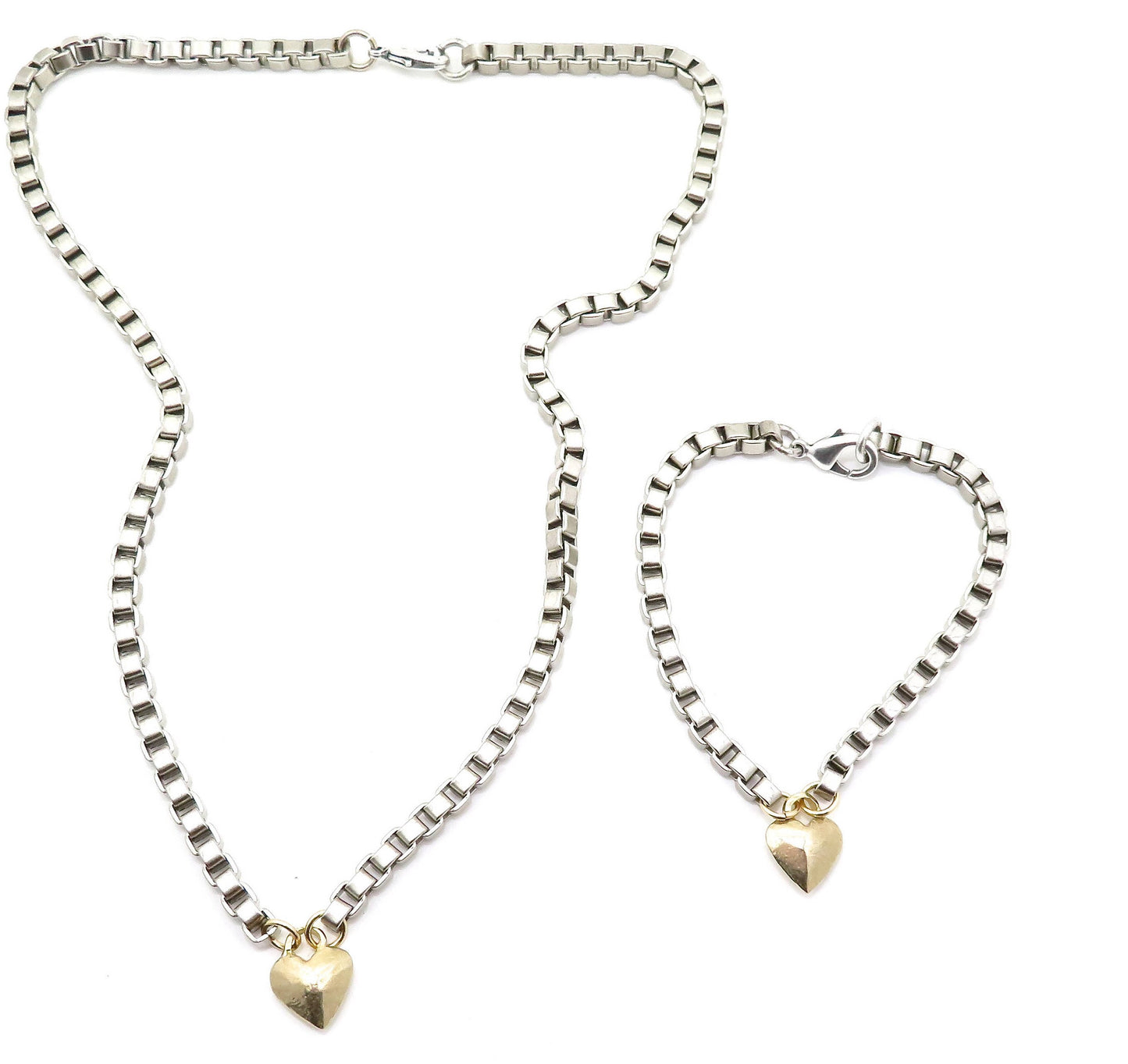Chunky Heart Necklace | Gold Silver Heart necklace | Rustic Heart Necklace | Chunky Gold Heart | Two Tone Heart Pendant Box Chain