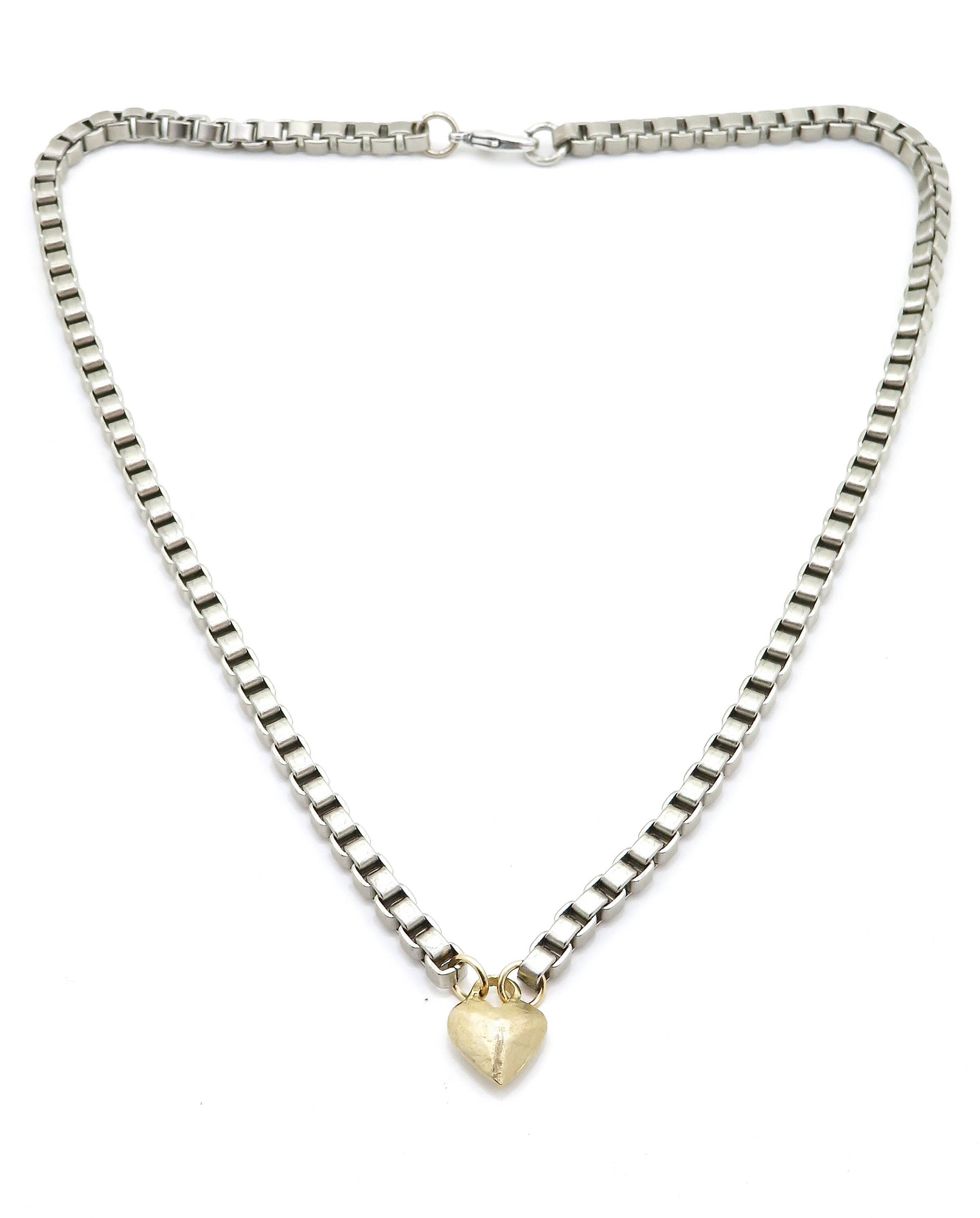 Chunky Heart Necklace | Gold Silver Heart necklace | Rustic Heart Necklace | Chunky Gold Heart | Two Tone Heart Pendant Box Chain