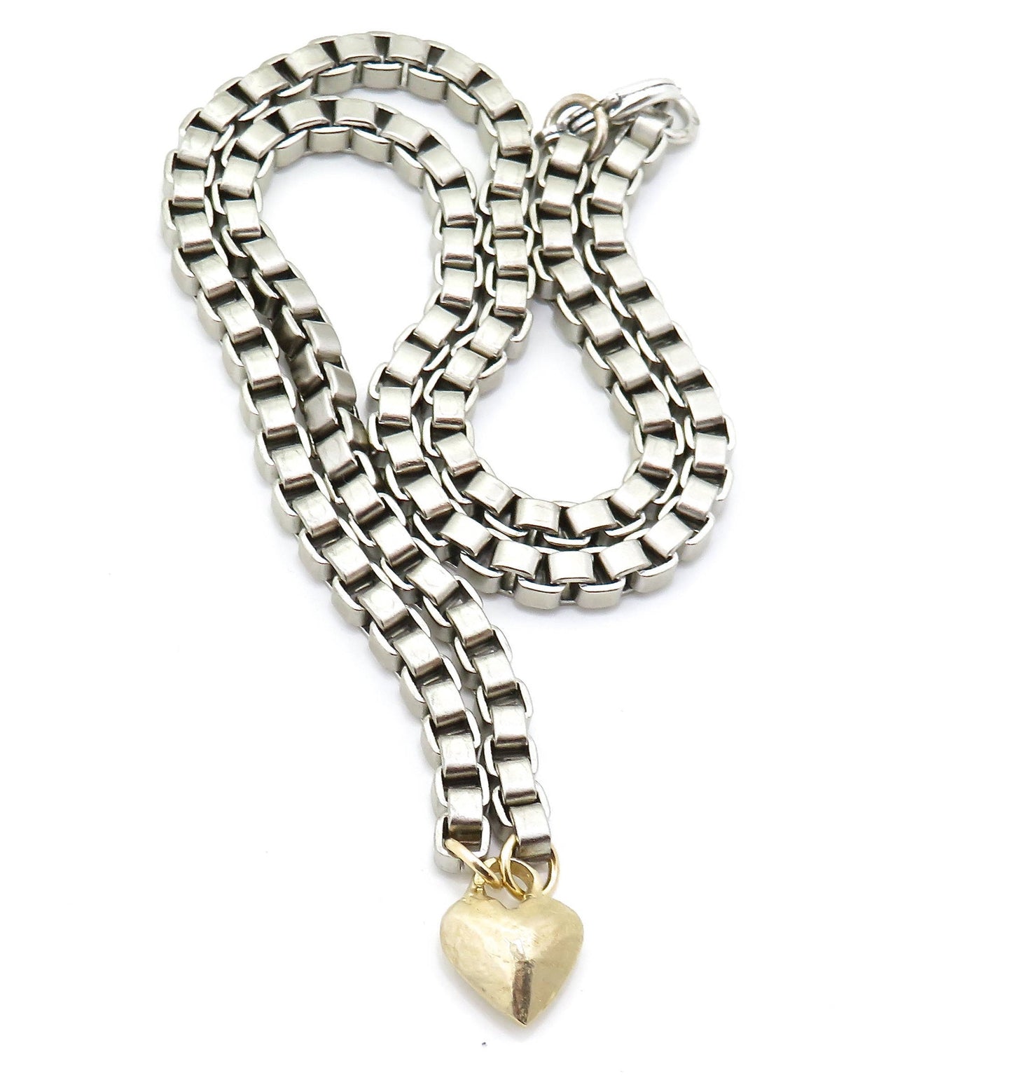 Chunky Heart Necklace | Gold Silver Heart necklace | Rustic Heart Necklace | Chunky Gold Heart | Two Tone Heart Pendant Box Chain