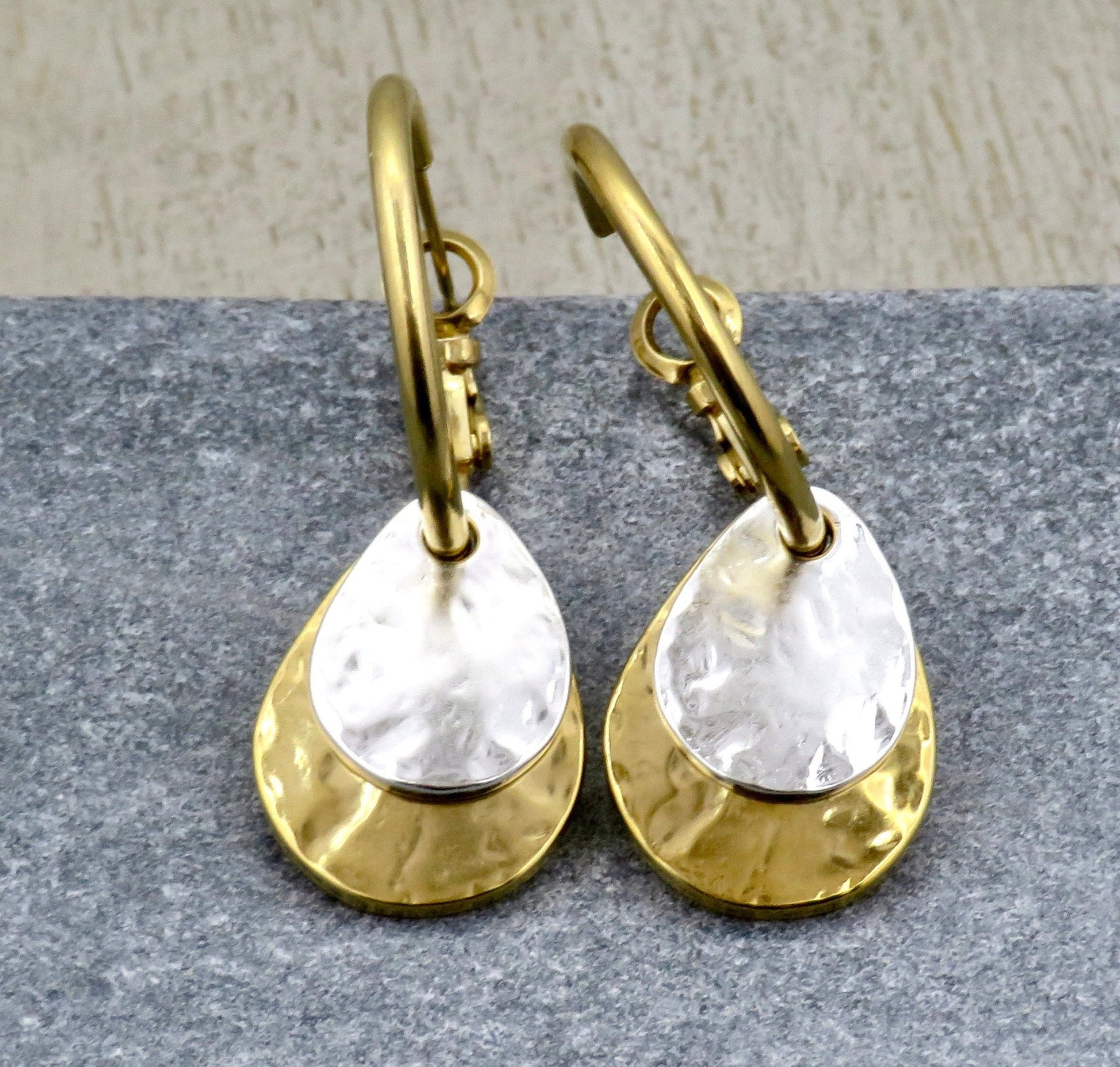 Two Tone Teardrop Earrings | Hammered Drop Earrings | Mixed Metal Hoops | Silver Gold Drop Earrings | Two Tone Hoops | Hammered Rustic Hoops