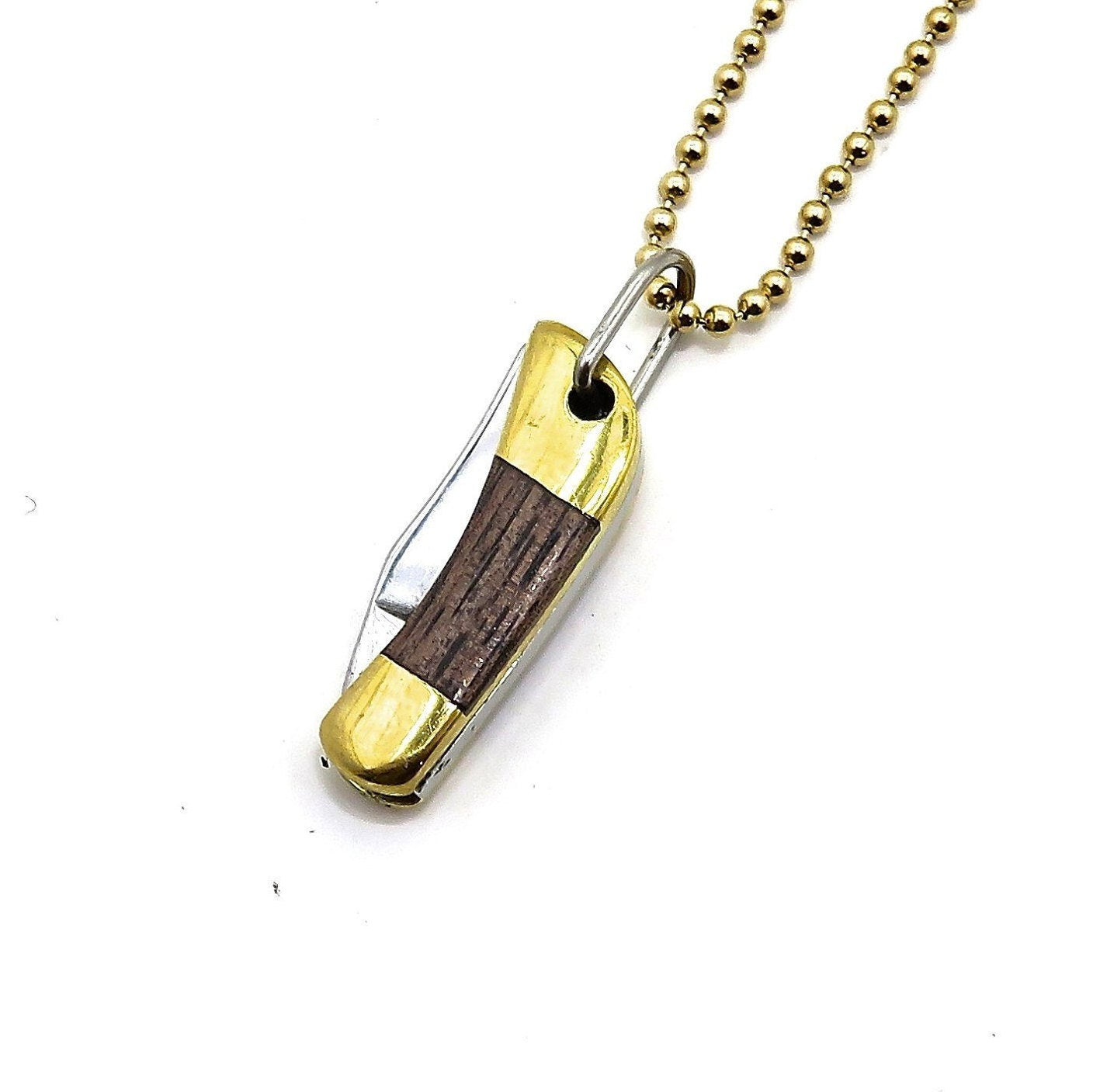 Tiny knife Necklace | Mini Knife Pendant | Small Gold Knife Necklace | Mini Pocketknife Pendant | Brass Walnut Wood Knife Necklace