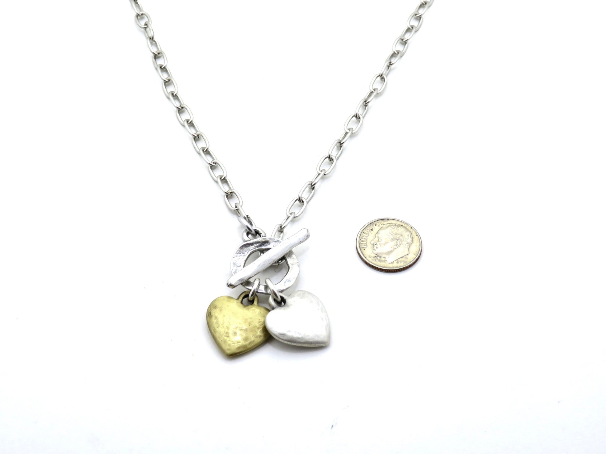 Two Tone Heart Necklace | Hammered Heart Necklace | Gold Silver Heart Necklace | Two Hearts Necklace