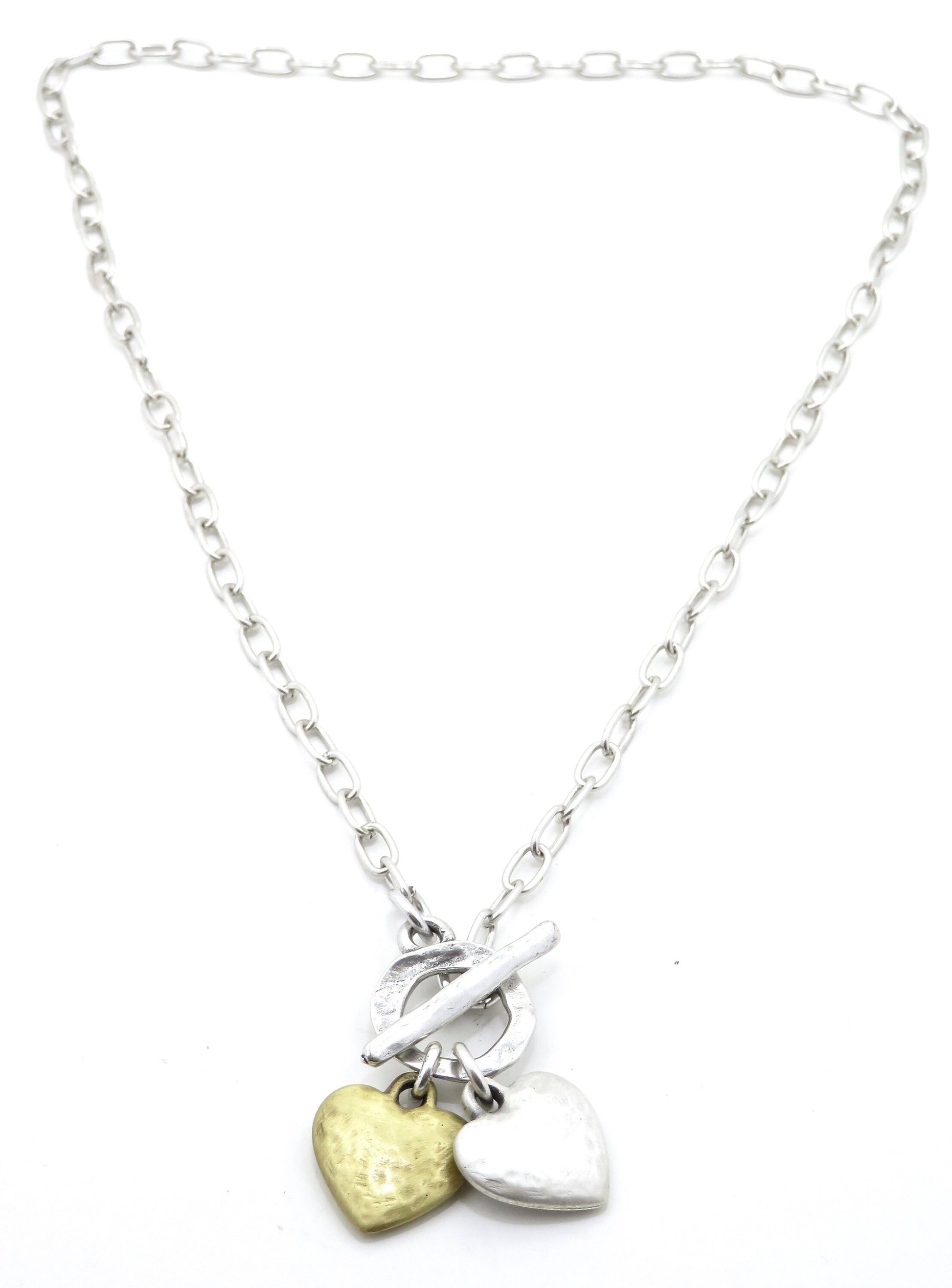 Two Tone Heart Necklace | Hammered Heart Necklace | Gold Silver Heart Necklace | Two Hearts Necklace