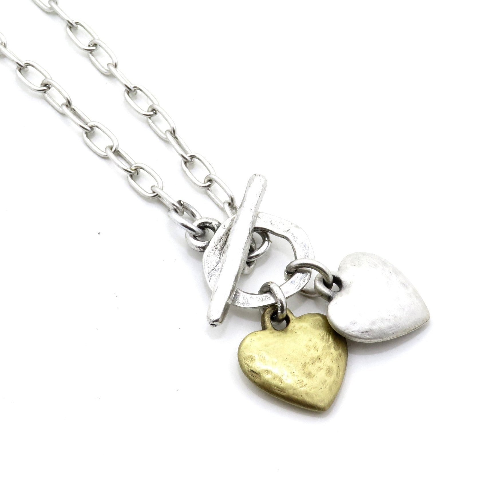 Two Tone Heart Necklace | Hammered Heart Necklace | Gold Silver Heart Necklace | Two Hearts Necklace