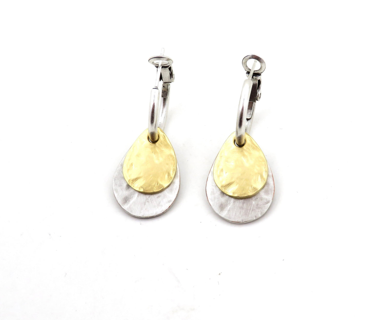 Two Tone Teardrop Earrings | Hammered Drop Earrings | Mixed Metal Hoops | Silver Gold Drop Earrings | Two Tone Hoops | Hammered Rustic Hoops