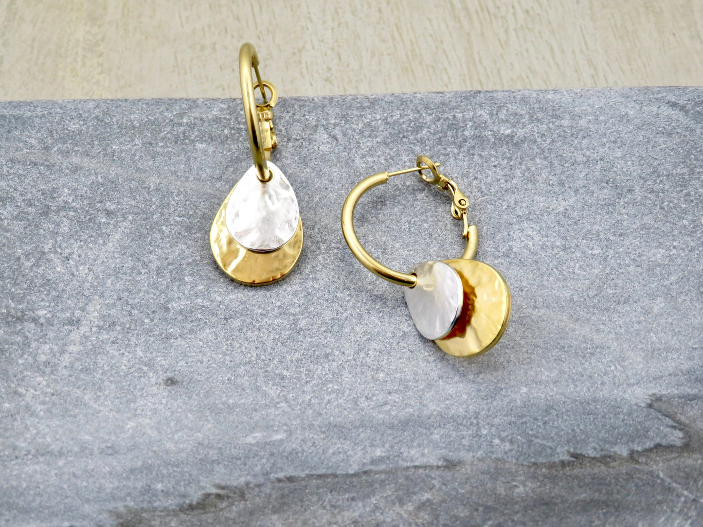 Two Tone Teardrop Earrings | Hammered Drop Earrings | Mixed Metal Hoops | Silver Gold Drop Earrings | Two Tone Hoops | Hammered Rustic Hoops