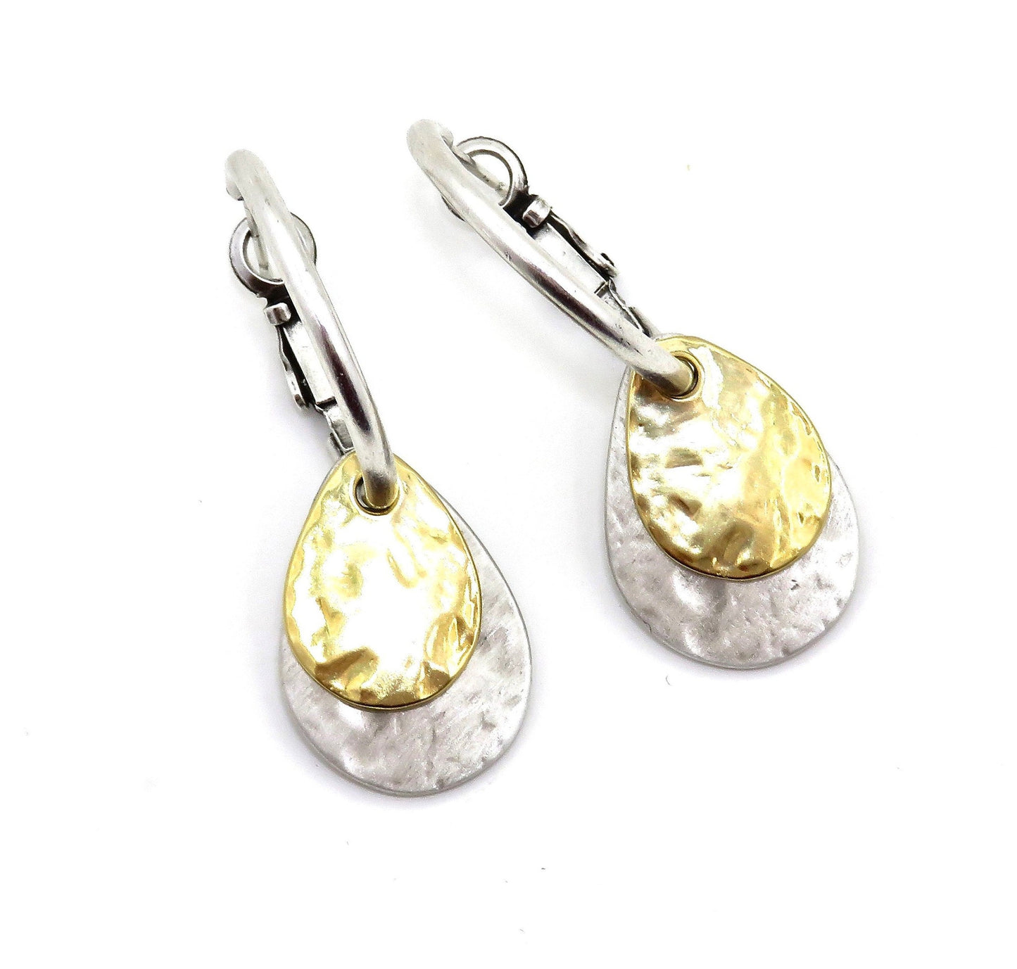 Two Tone Teardrop Earrings | Hammered Drop Earrings | Mixed Metal Hoops | Silver Gold Drop Earrings | Two Tone Hoops | Hammered Rustic Hoops