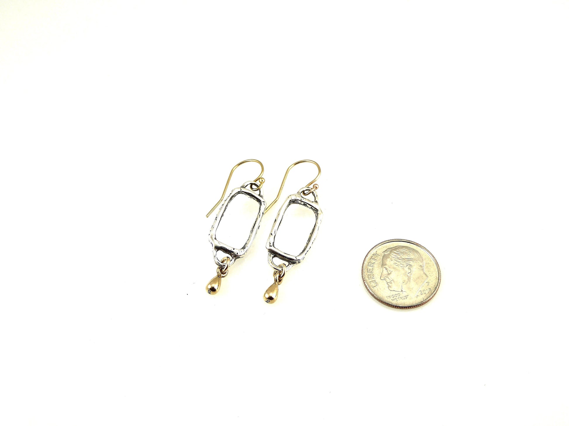 Silver Gold Earrings | Hammered Two Tone Earring | Mixed Metal Earrings | Rectangle Drop Earrings | Open Geometric Earrings | Unique Earring
