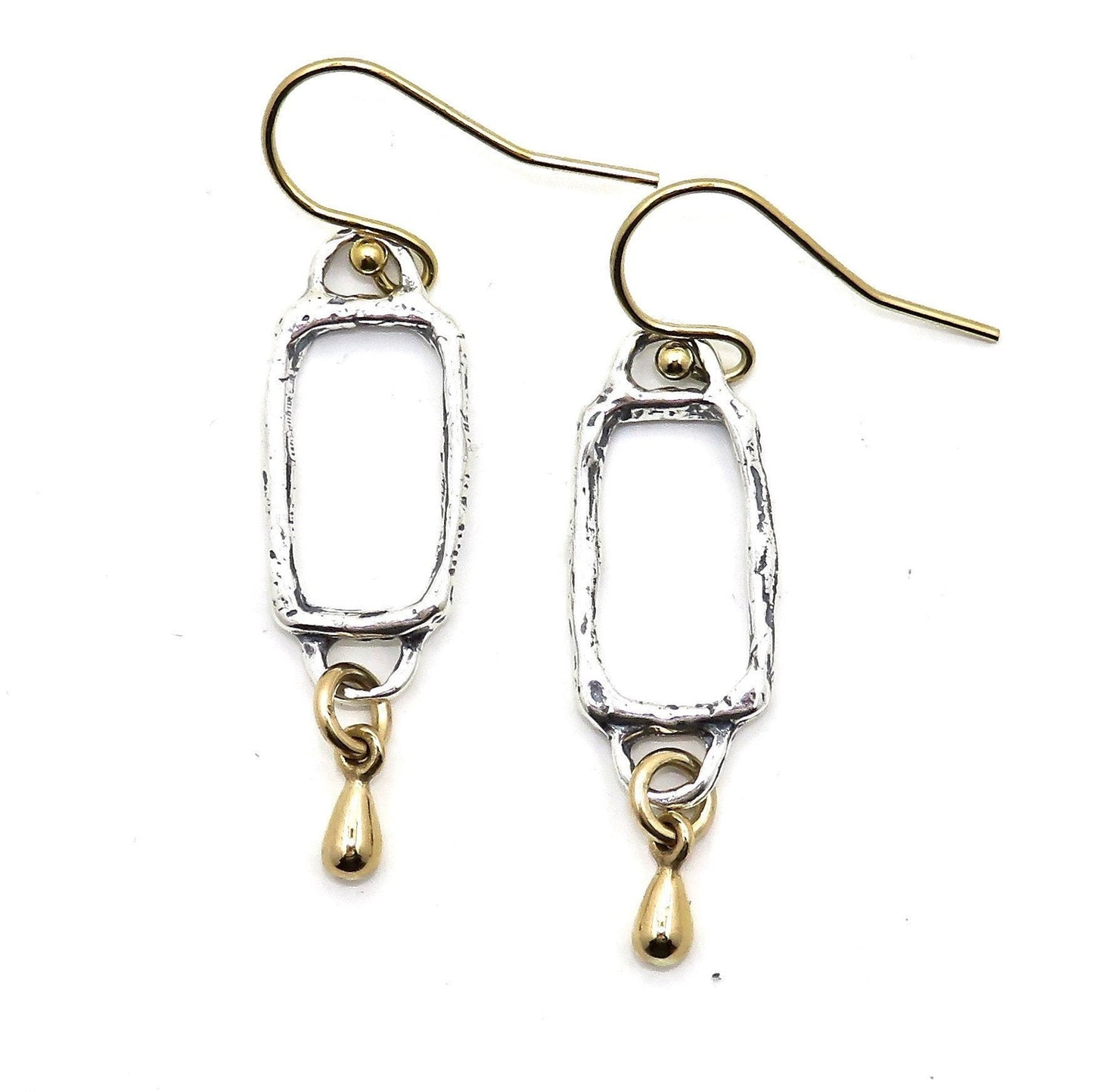 Silver Gold Earrings | Hammered Two Tone Earring | Mixed Metal Earrings | Rectangle Drop Earrings | Open Geometric Earrings | Unique Earring