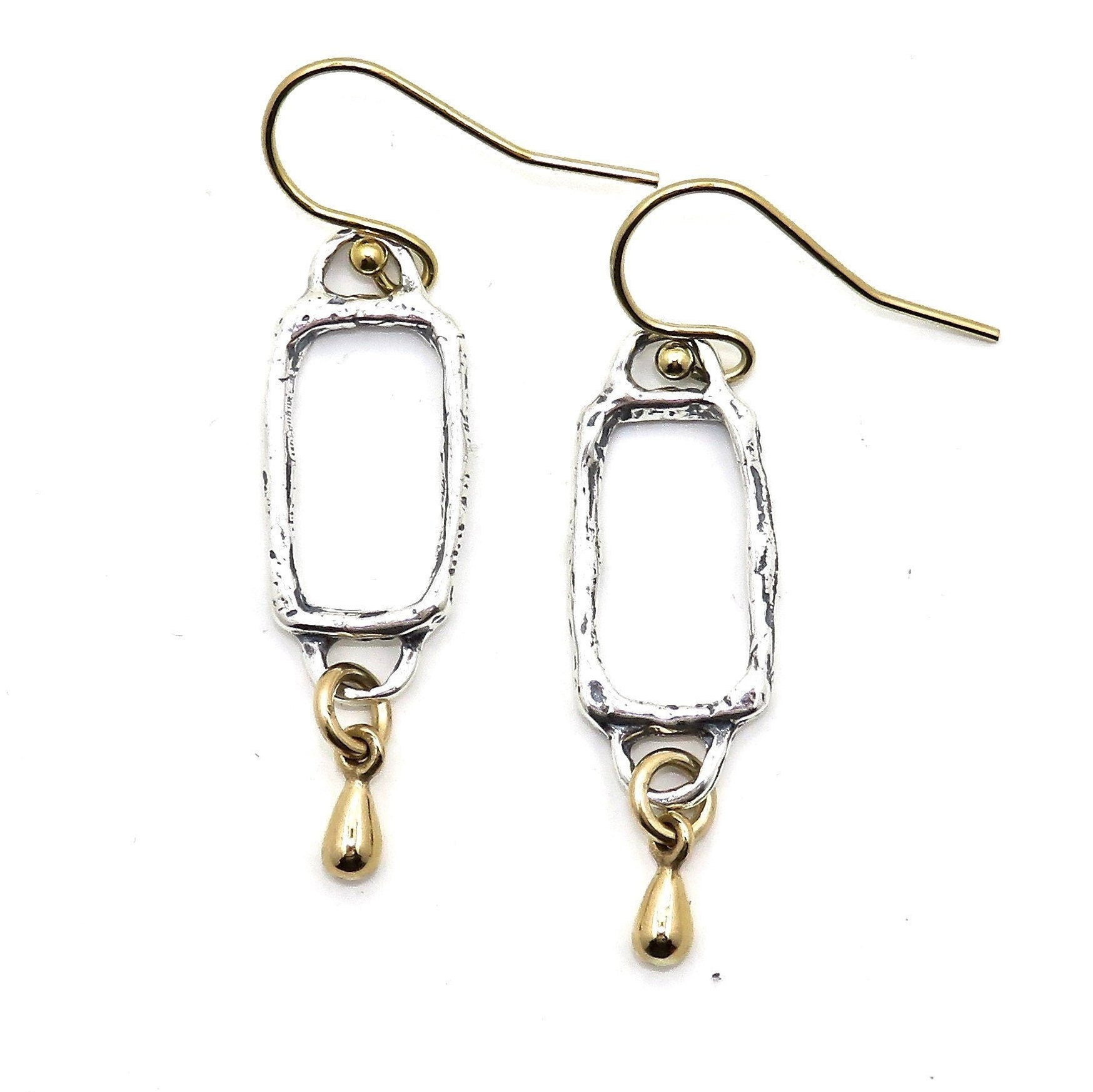 Silver Gold Earrings | Hammered Two Tone Earring | Mixed Metal Earrings | Rectangle Drop Earrings | Open Geometric Earrings | Unique Earring