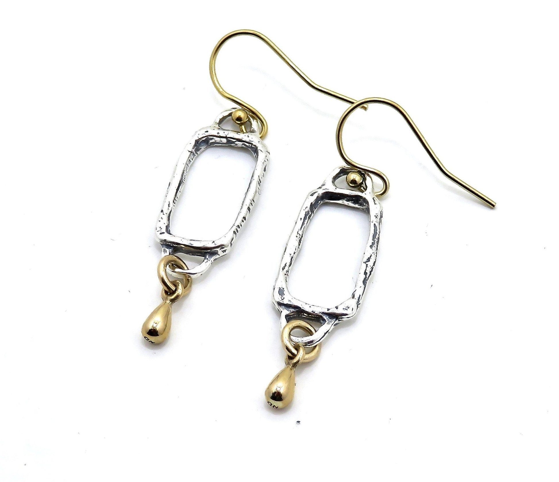 Silver Gold Earrings | Hammered Two Tone Earring | Mixed Metal Earrings | Rectangle Drop Earrings | Open Geometric Earrings | Unique Earring