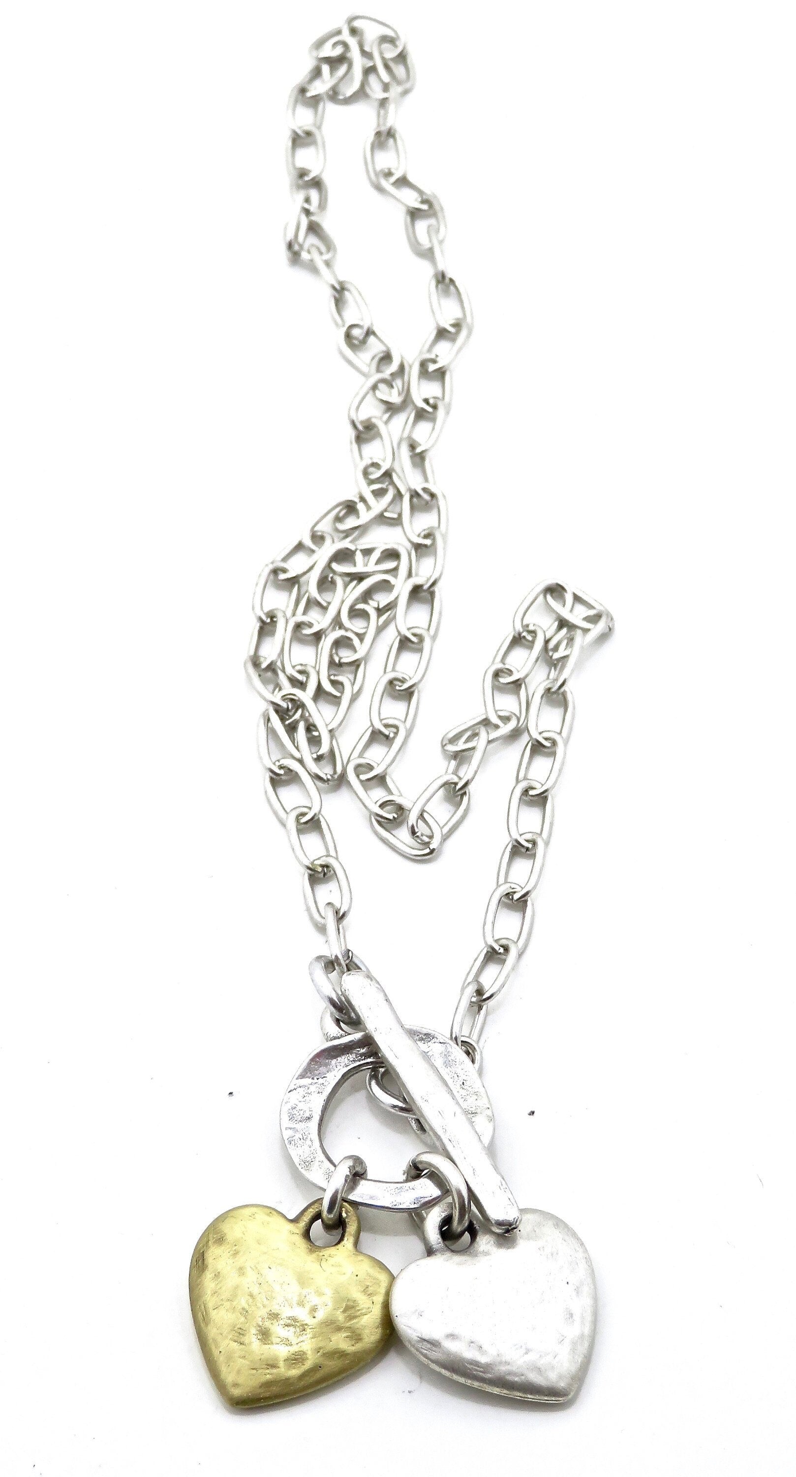 Two Tone Heart Necklace | Hammered Heart Necklace | Gold Silver Heart Necklace | Two Hearts Necklace