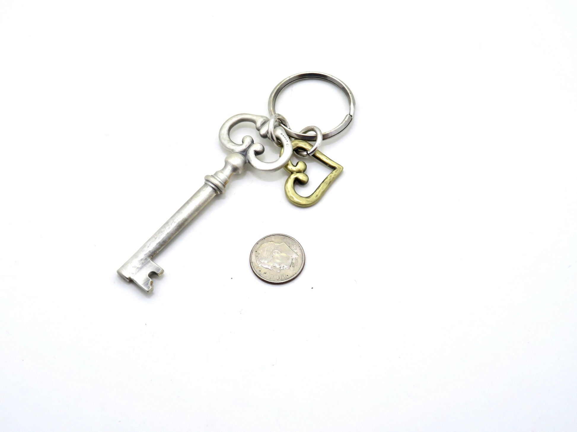 Skeleton Key Keychain | | Skeleton Key Heart Keyring | Brushed Silver Key Keychain | Antique Silver Key Keychain