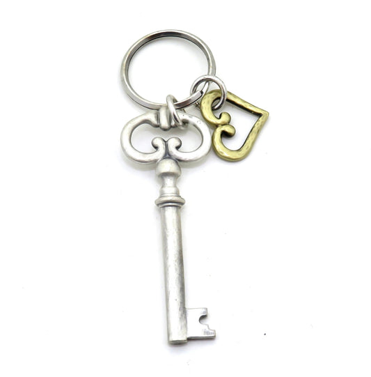Skeleton Key Keychain | | Skeleton Key Heart Keyring | Brushed Silver Key Keychain | Antique Silver Key Keychain