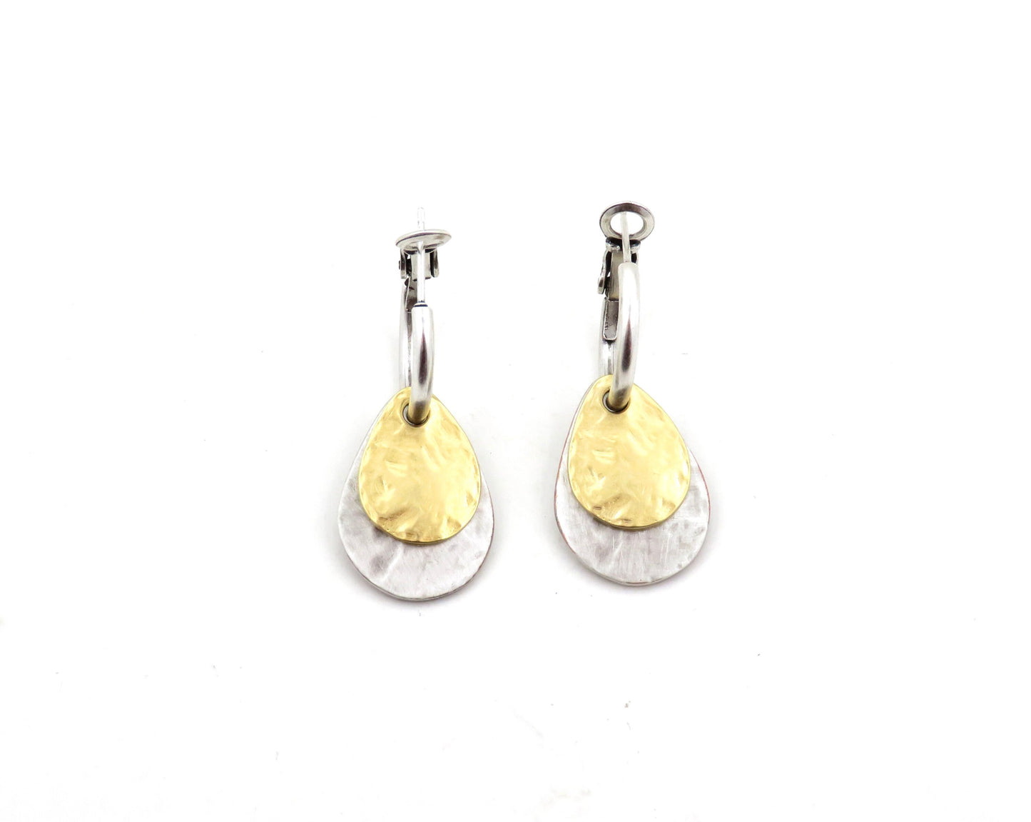Two Tone Teardrop Earrings | Hammered Drop Earrings | Mixed Metal Hoops | Silver Gold Drop Earrings | Two Tone Hoops | Hammered Rustic Hoops