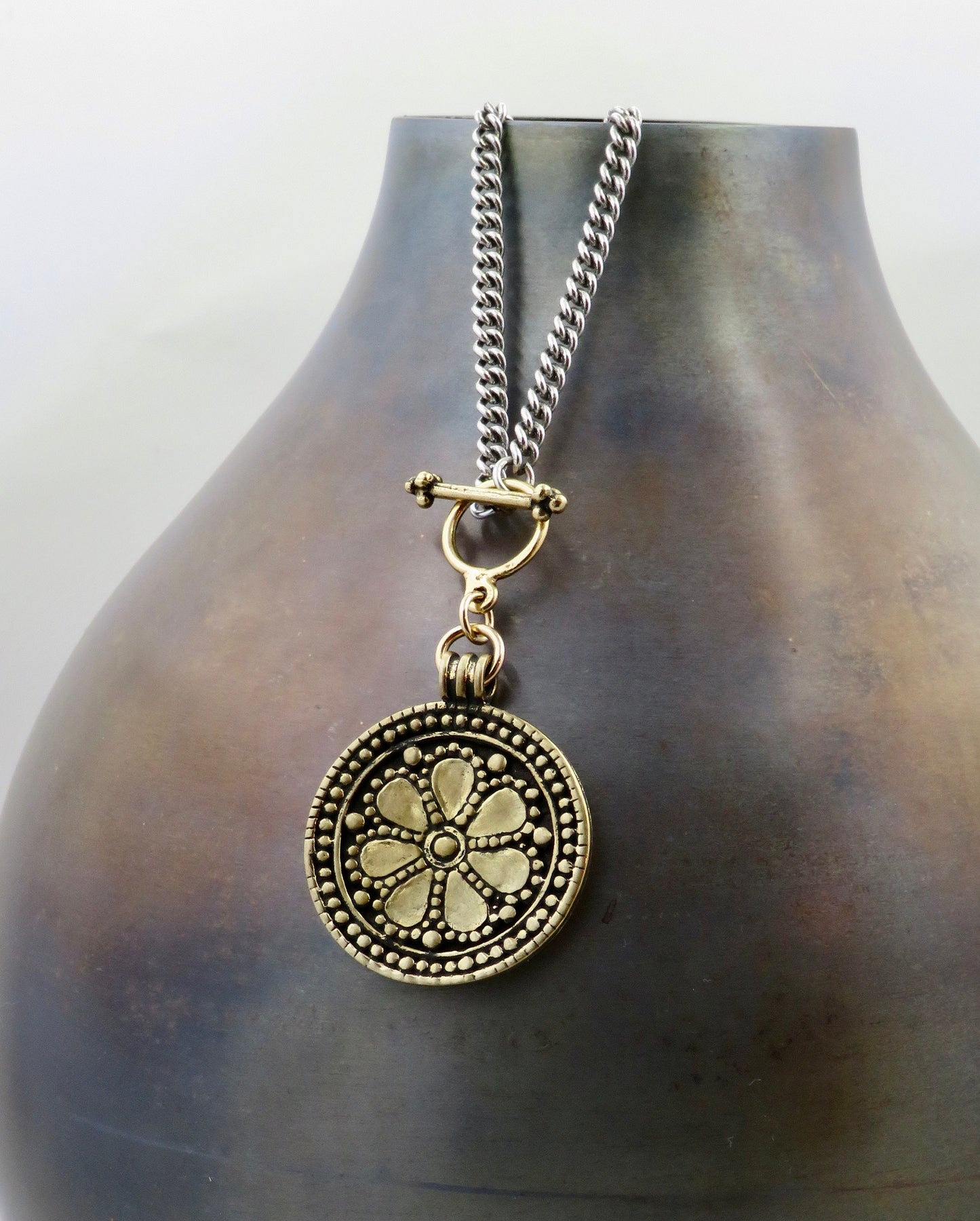 chunky two tone necklace | hammered gold silver necklace | tribal mixed metals necklace | rustic bronze silver pendant | unique pendant