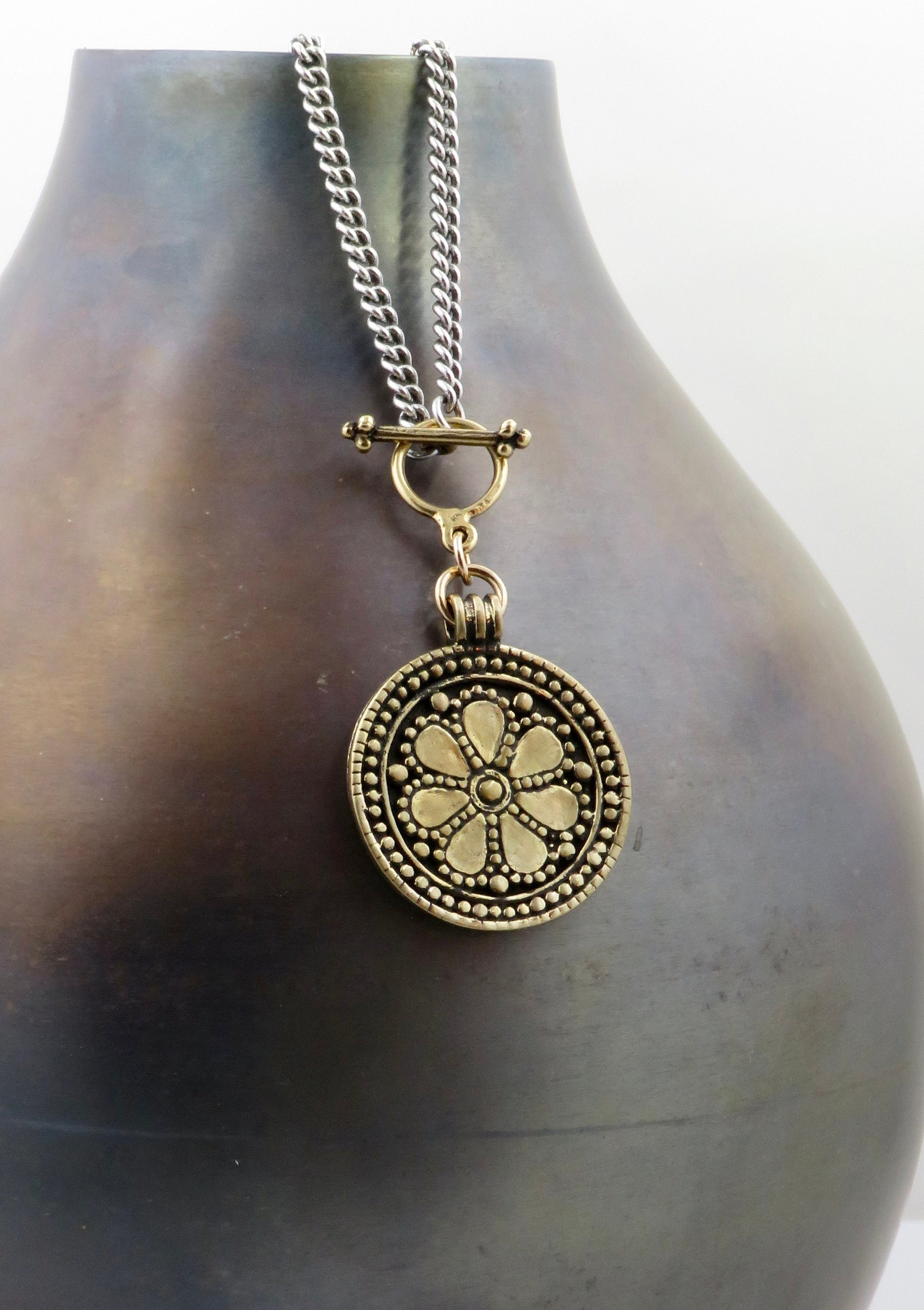 chunky two tone necklace | hammered gold silver necklace | tribal mixed metals necklace | rustic bronze silver pendant | unique pendant