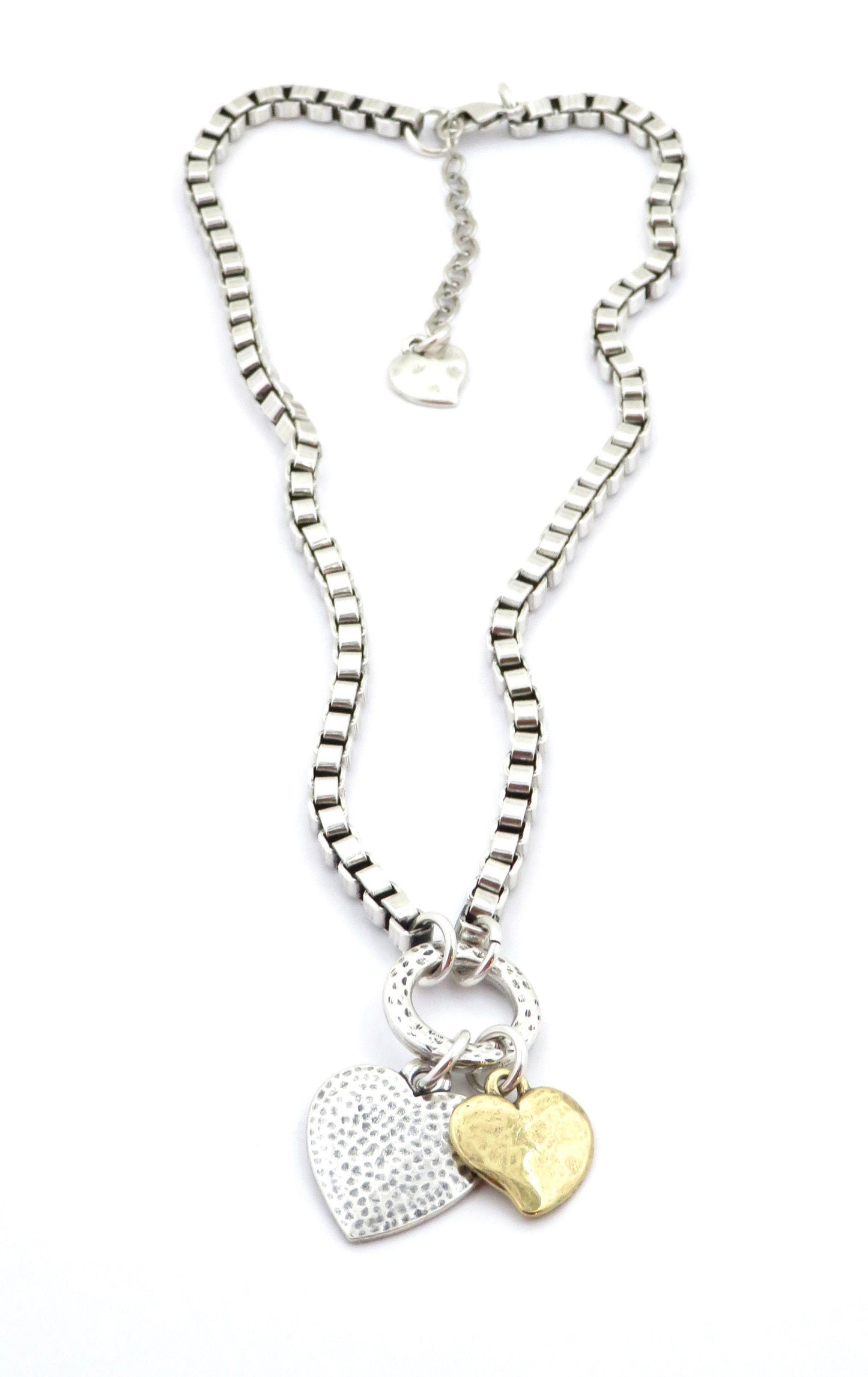Chunky Two-Tone Heart Necklace | Antique Bronze and Silver Hearts Necklace | Chunky Heart Charm Necklace | Silver Gold Hearts Necklace