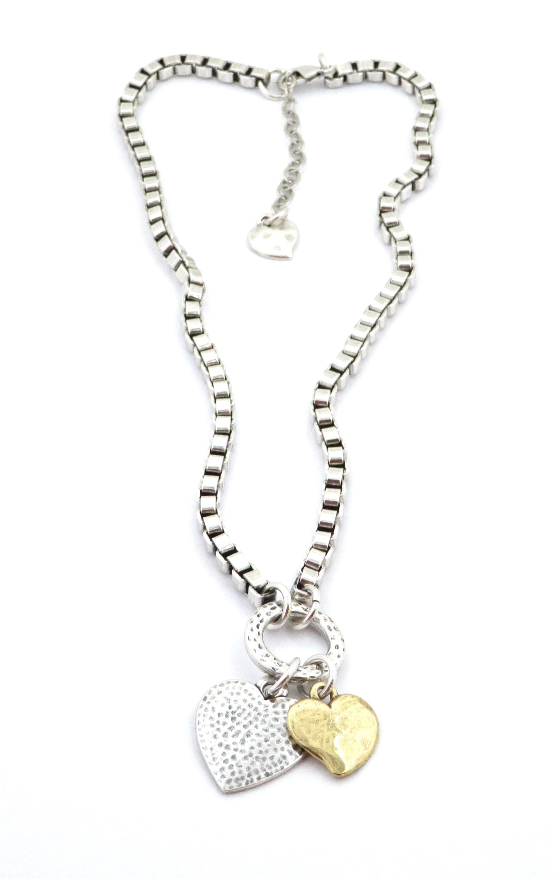 Chunky Two-Tone Heart Necklace | Antique Bronze and Silver Hearts Necklace | Chunky Heart Charm Necklace | Silver Gold Hearts Necklace