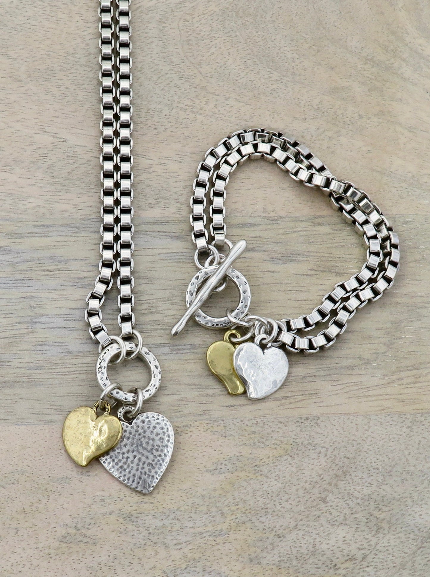 Chunky Two-Tone Heart Necklace | Antique Bronze and Silver Hearts Necklace | Chunky Heart Charm Necklace | Silver Gold Hearts Necklace