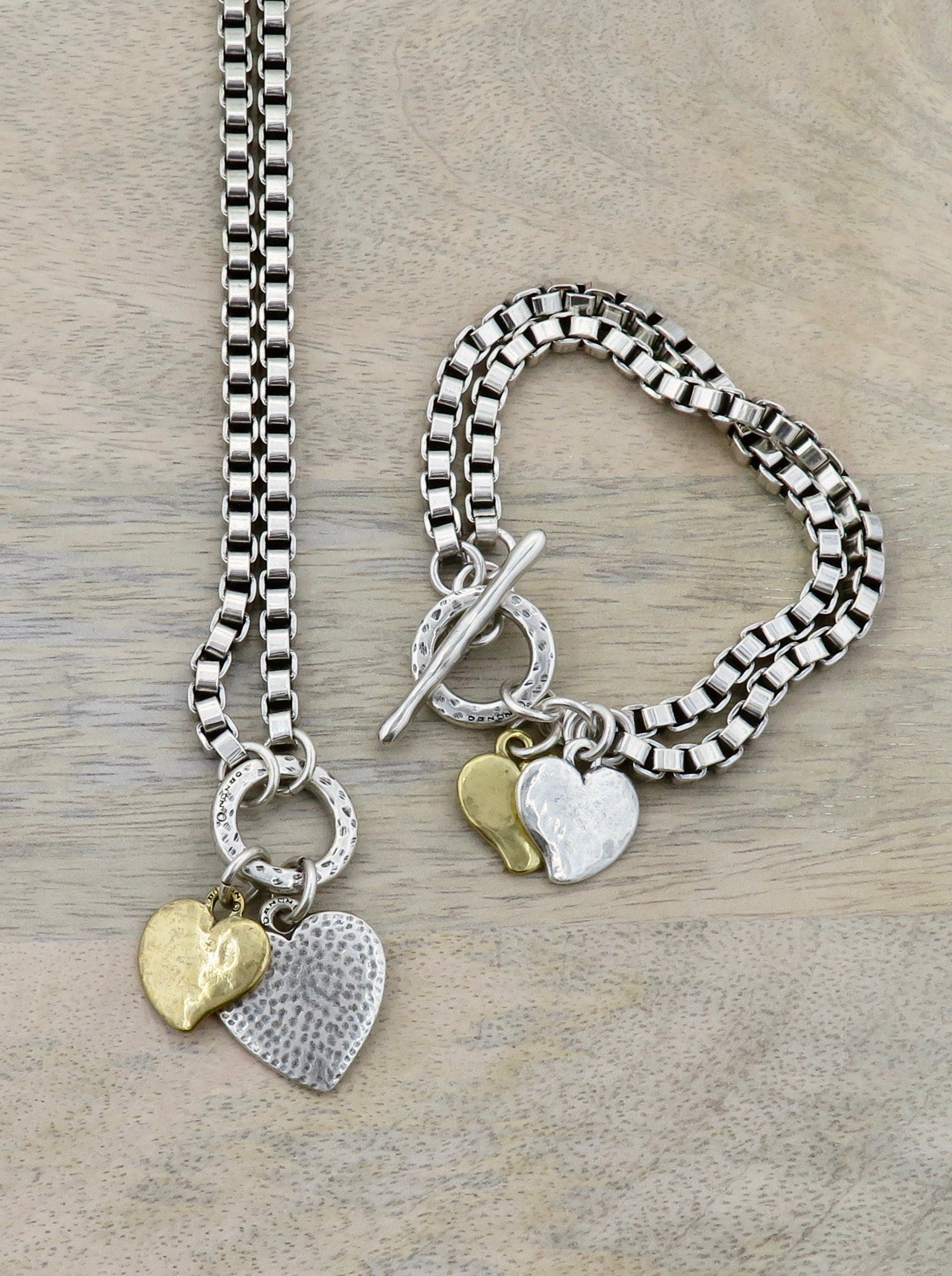 Chunky Two-Tone Heart Necklace | Antique Bronze and Silver Hearts Necklace | Chunky Heart Charm Necklace | Silver Gold Hearts Necklace