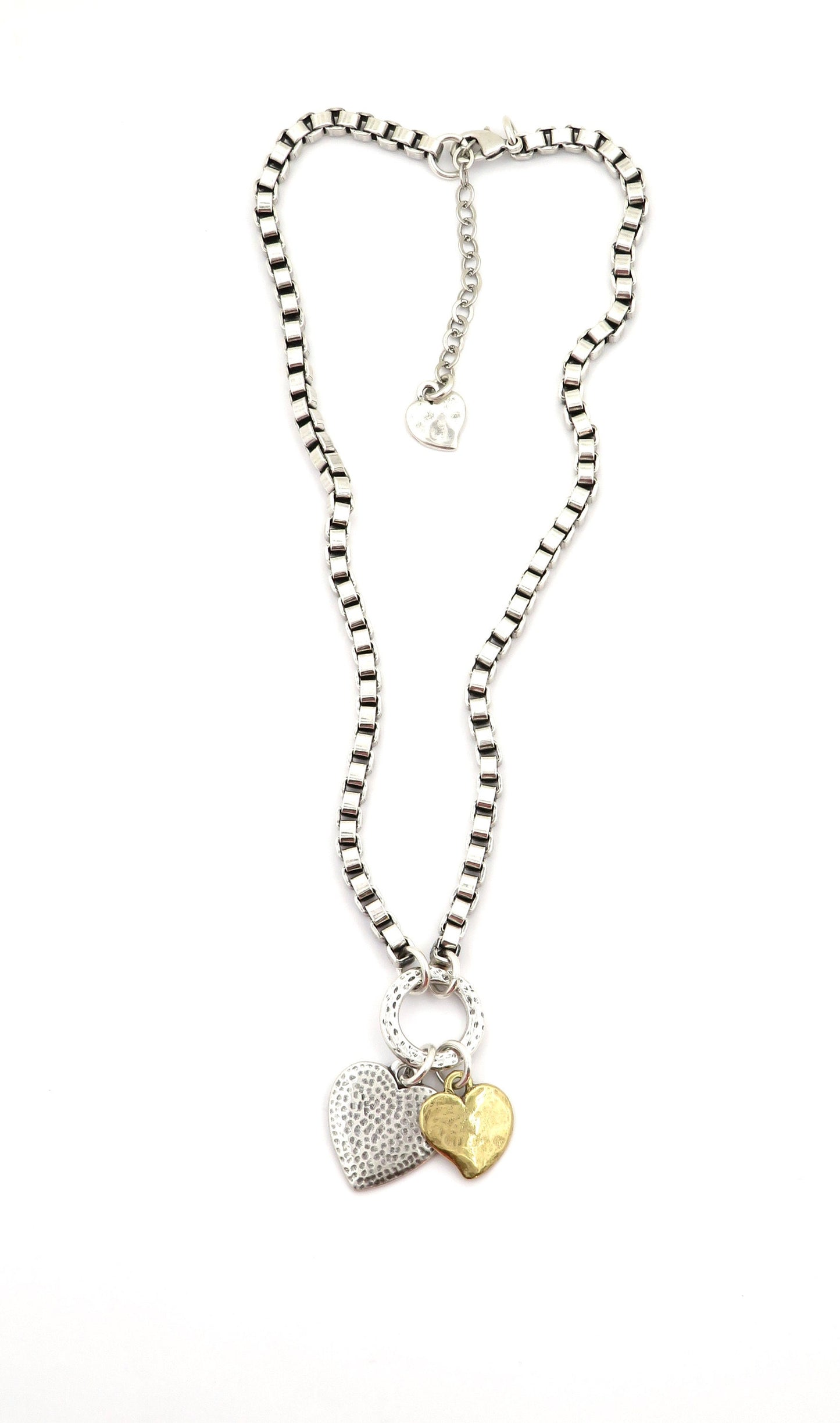 Chunky Two-Tone Heart Necklace | Antique Bronze and Silver Hearts Necklace | Chunky Heart Charm Necklace | Silver Gold Hearts Necklace