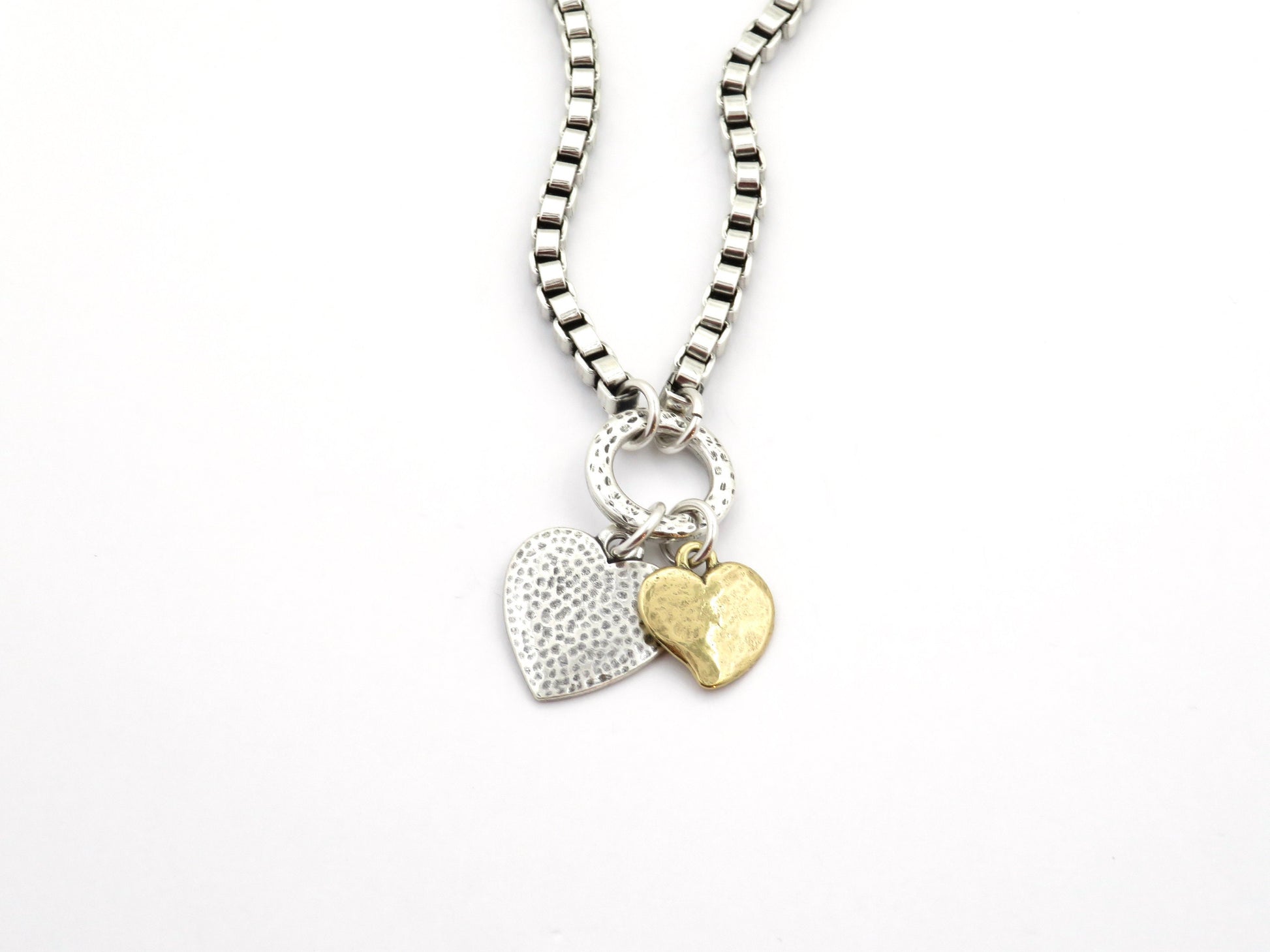 Chunky Two-Tone Heart Necklace | Antique Bronze and Silver Hearts Necklace | Chunky Heart Charm Necklace | Silver Gold Hearts Necklace