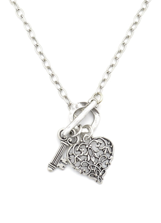 Antique Silver Heart Necklace | Romantic Heart Necklace | Key to My Heart Necklace | Heart and Key Necklace | Baroque Silver Heart Necklace