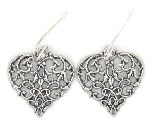 Antique Silver Heart Earrings | Victorian Heart Earrings | Romantic Heart Earrings | Baroque Silver Heart Earrings | Large Cutout Hearts
