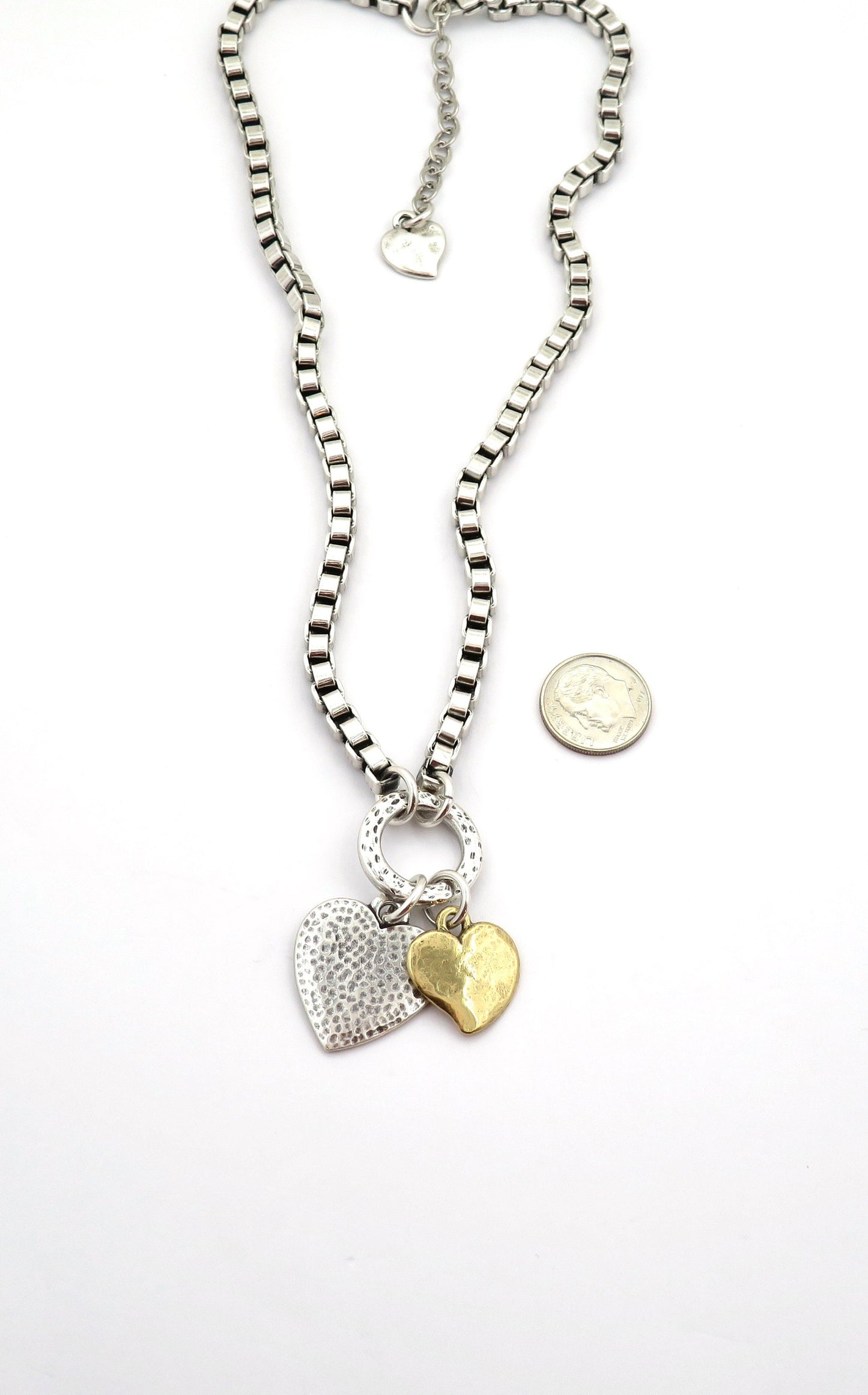 Chunky Two-Tone Heart Necklace | Antique Bronze and Silver Hearts Necklace | Chunky Heart Charm Necklace | Silver Gold Hearts Necklace