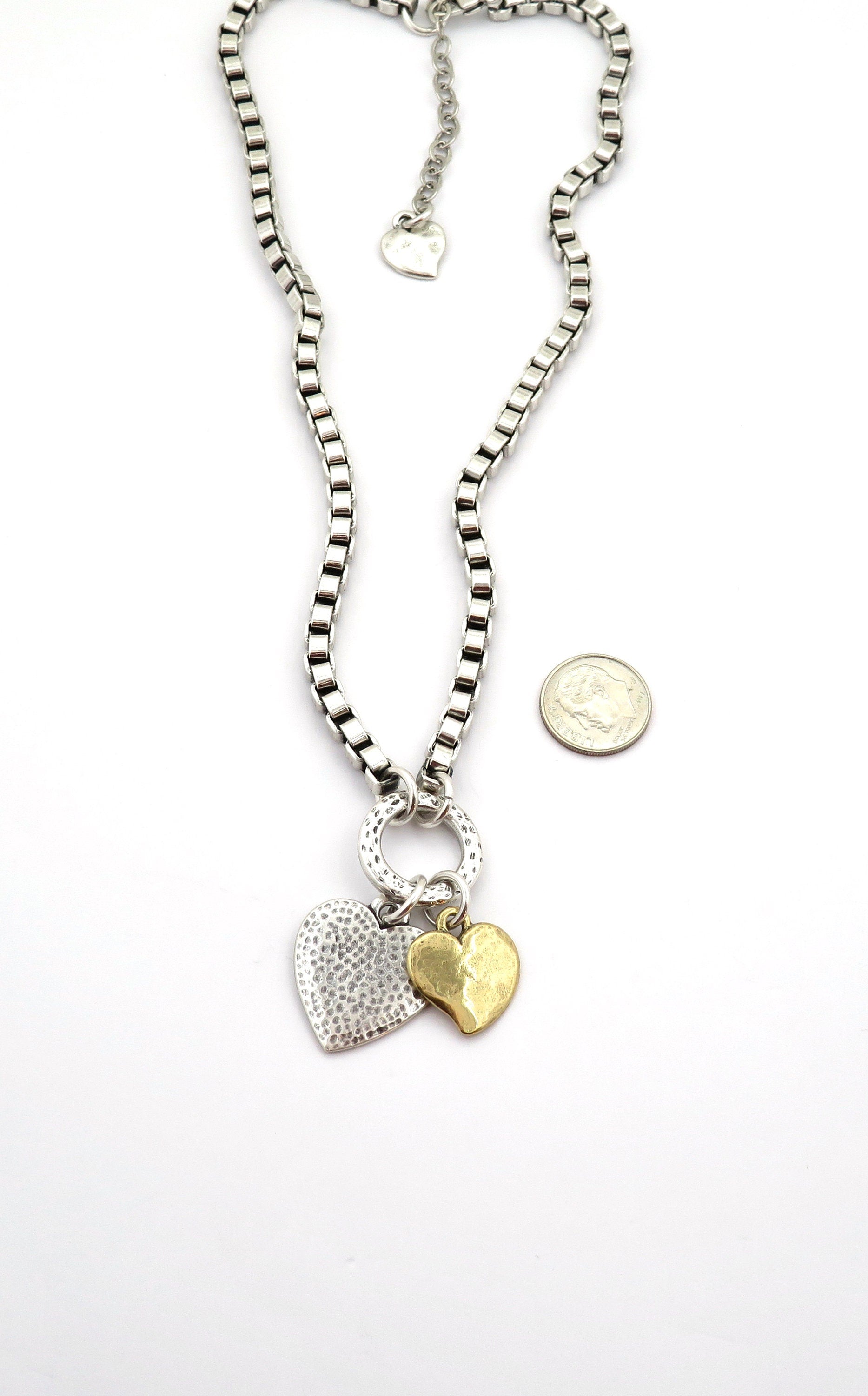 Chunky Two-Tone Heart Necklace | Antique Bronze and Silver Hearts Necklace | Chunky Heart Charm Necklace | Silver Gold Hearts Necklace
